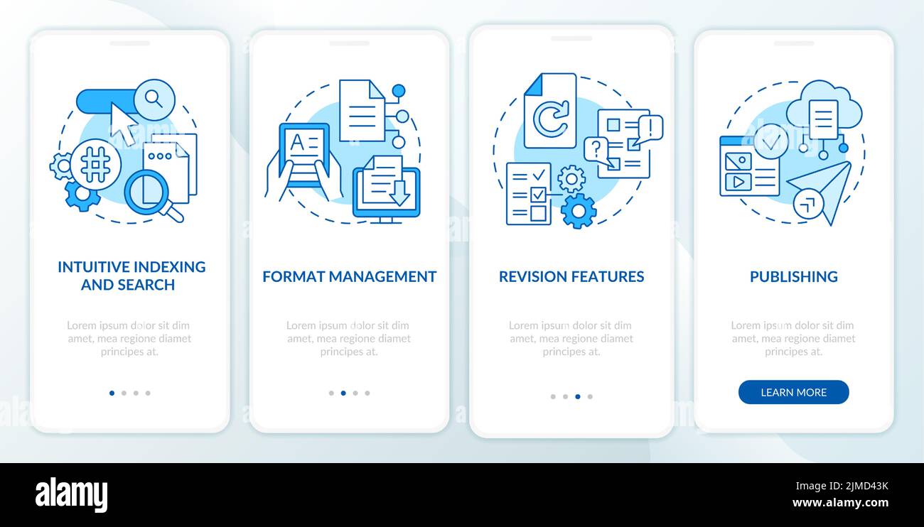 Attributi del sistema di gestione dei contenuti schermata blu dell'app mobile onboarding Illustrazione Vettoriale