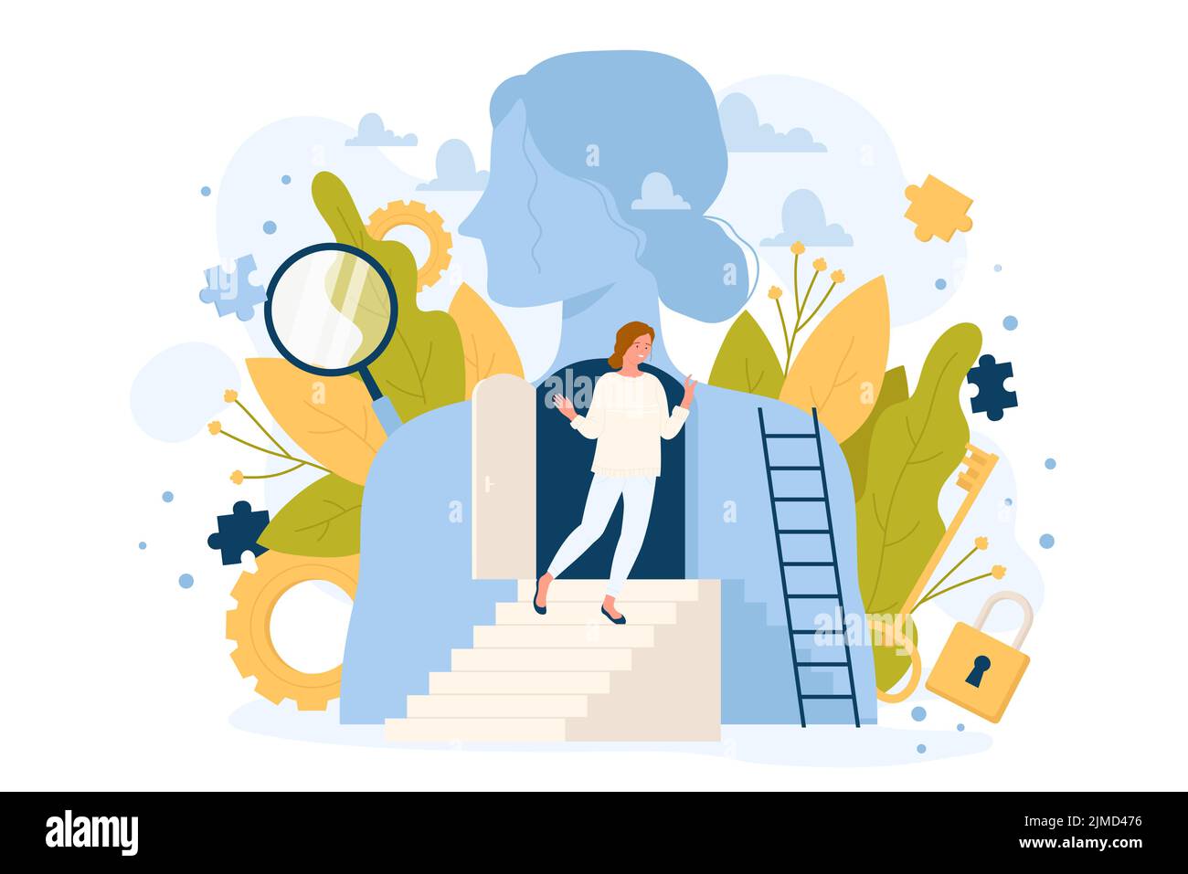 Libertà e salute mentale per lo sviluppo, progresso nel lavoro e nella comunicazione. Donna cartoon in piedi vicino a porta aperta all'interno astratto personalità piano vettore illustrazione. Psicologia, concetto di successo Illustrazione Vettoriale