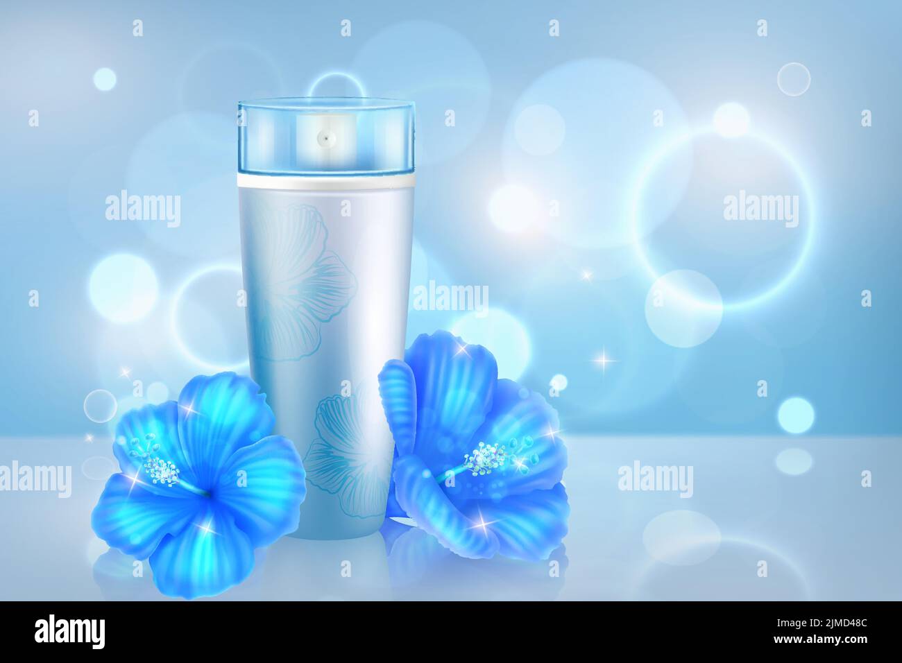 Illustrazione vettoriale degli annunci spray cosmetici. Profumo aromatico realistico 3D o bottiglia di siero e fiori, prodotto di bellezza in confezione con bokeh, anelli e cerchi di farro effetti di luce su sfondo blu Illustrazione Vettoriale