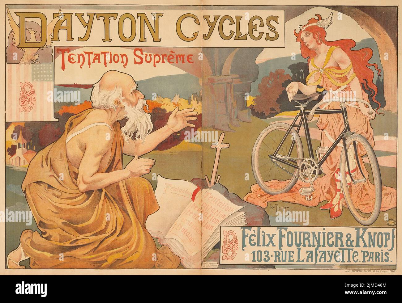 Circa 1898 annuncio francese per Dayton Cycles. Litografia di Henri Thiriet Foto Stock