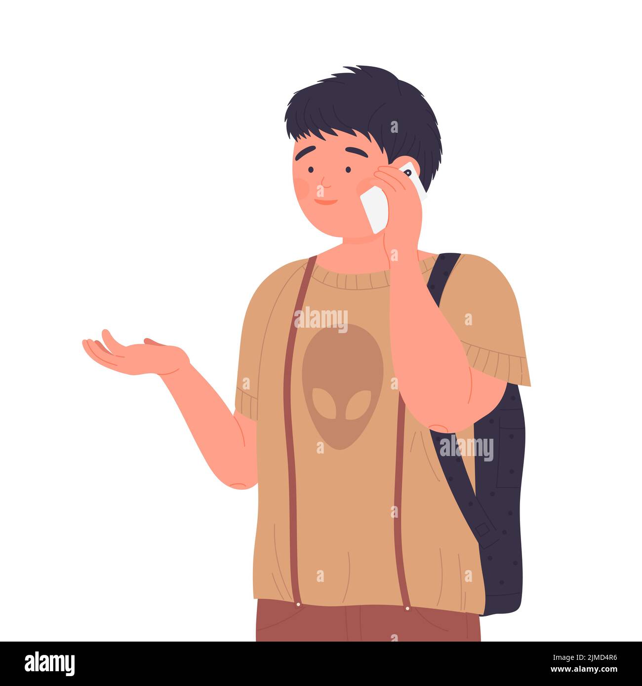 Ragazzino che chiama sullo smartphone. Bambino che parla sul vettore del telefono Illustrazione Vettoriale