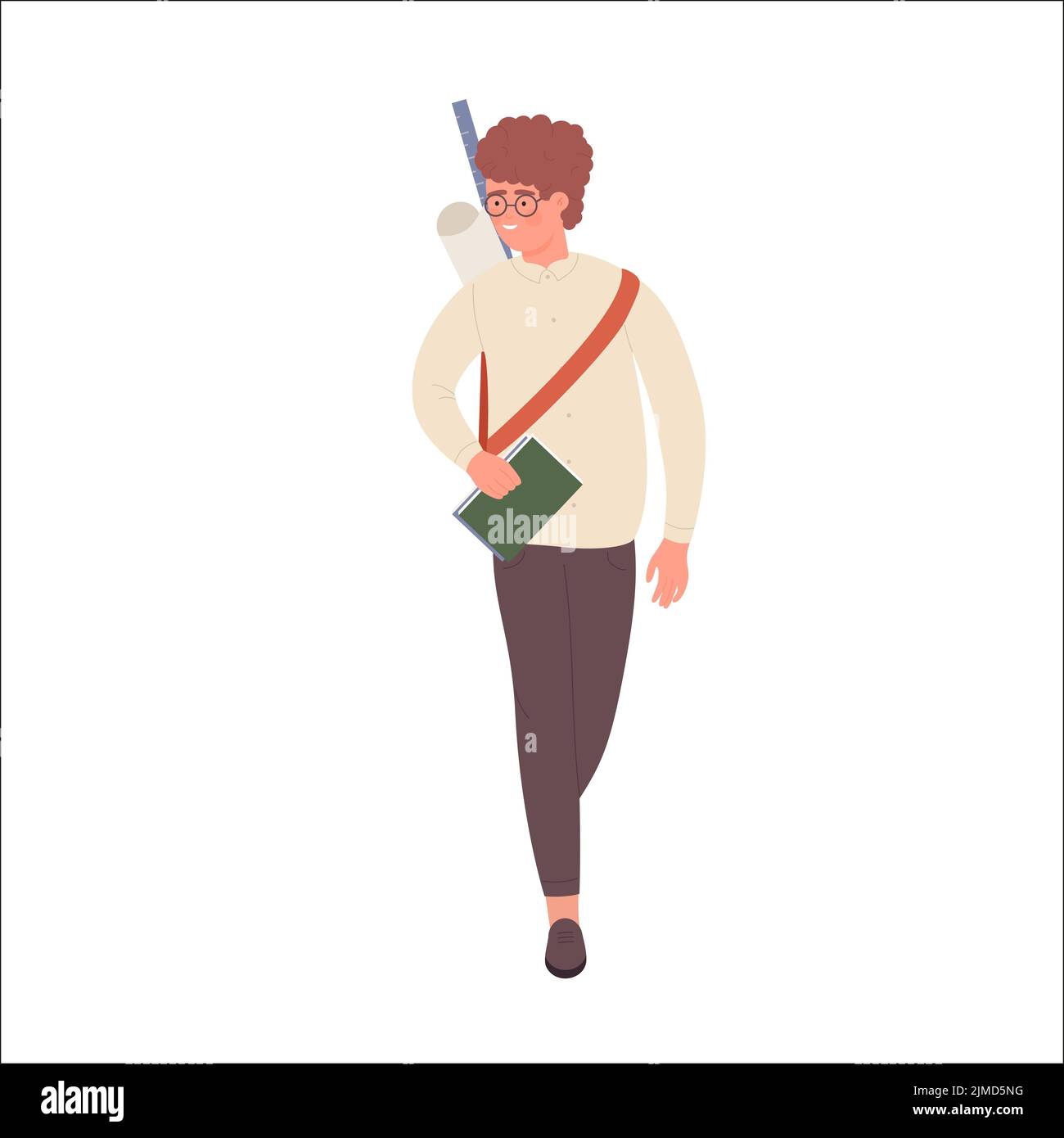 Vista frontale del ragazzo del nerd camminante. Geek maschio studente, teenager intelligente vettore illustrazione Illustrazione Vettoriale