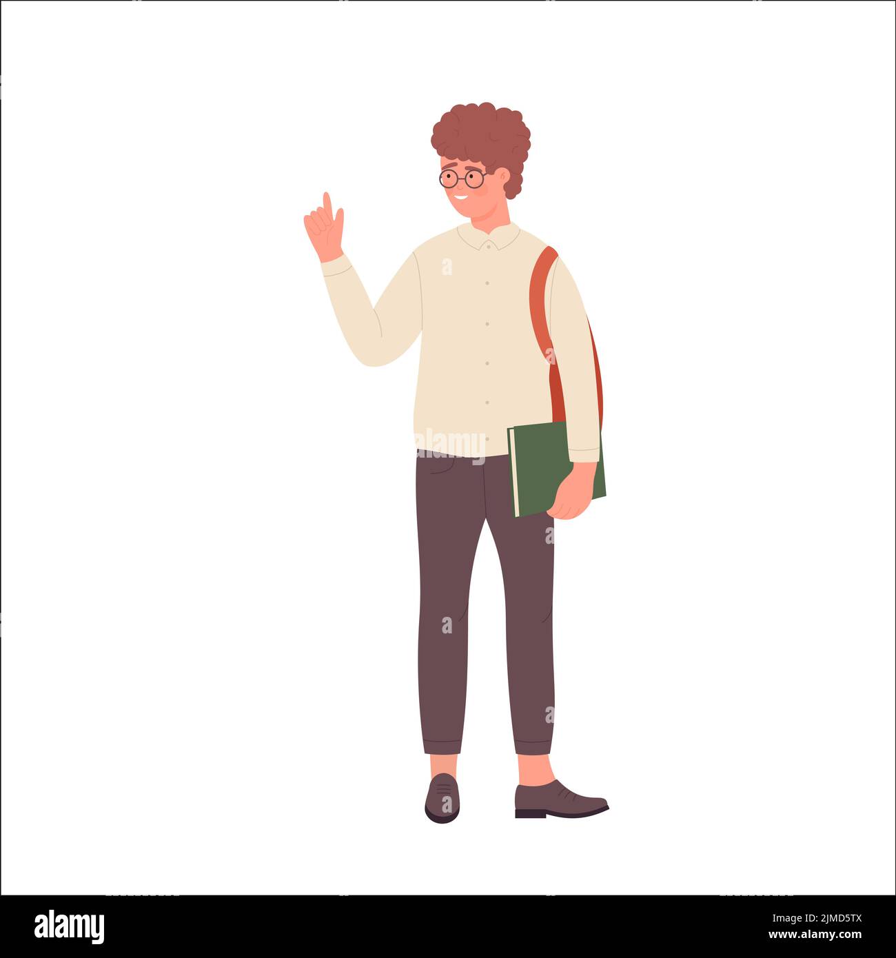 Ragazzo nerd con dito puntato. Gesto di avvertimento dell'illustrazione vettoriale dello studente geeky Illustrazione Vettoriale