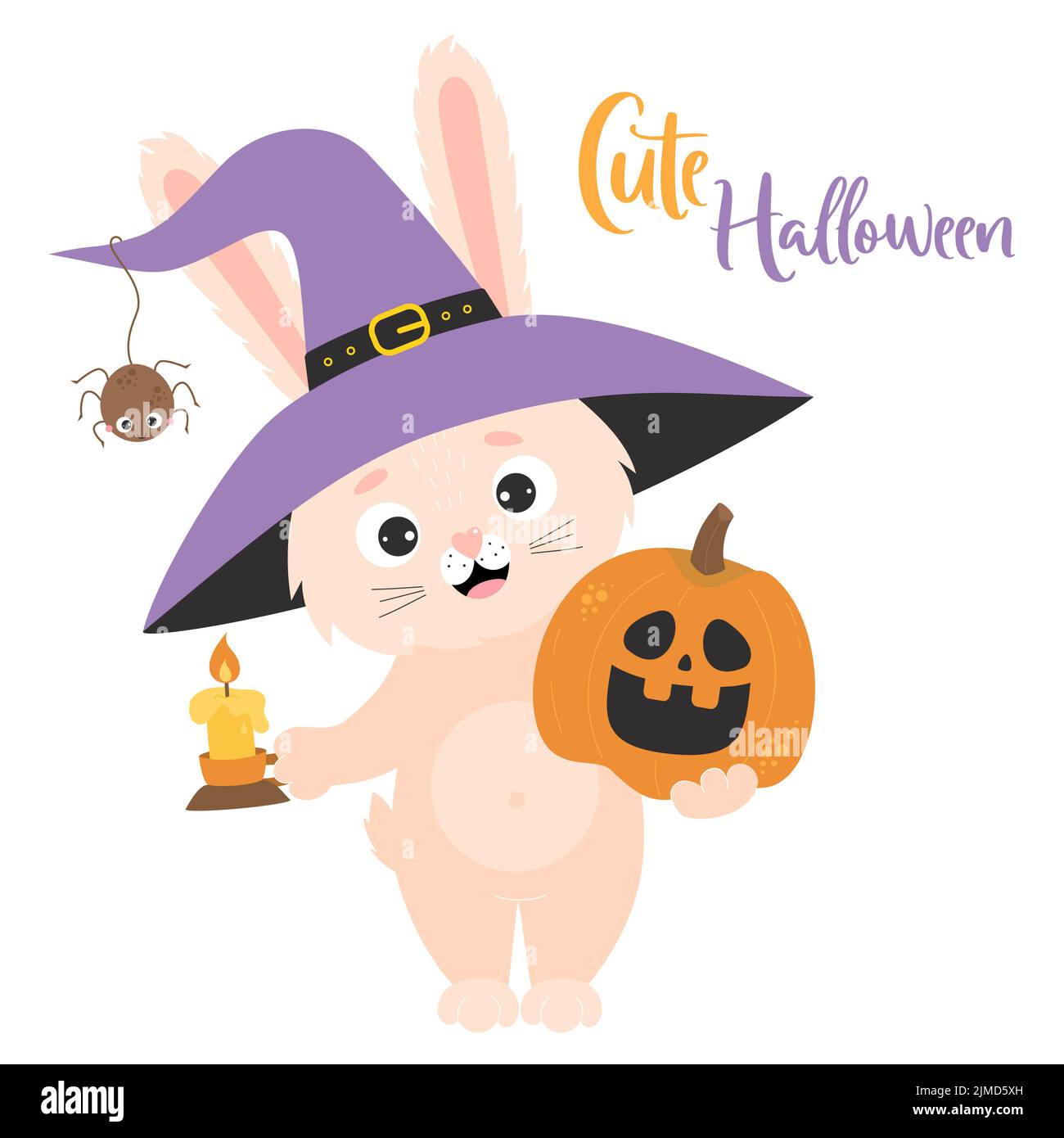 Halloween carino. Personaggio coniglio in cappello di strega con ragno, con zucca Jack e candela. Illustrazione vettoriale. Coniglietto natalizio di Halloween per design, prin Illustrazione Vettoriale