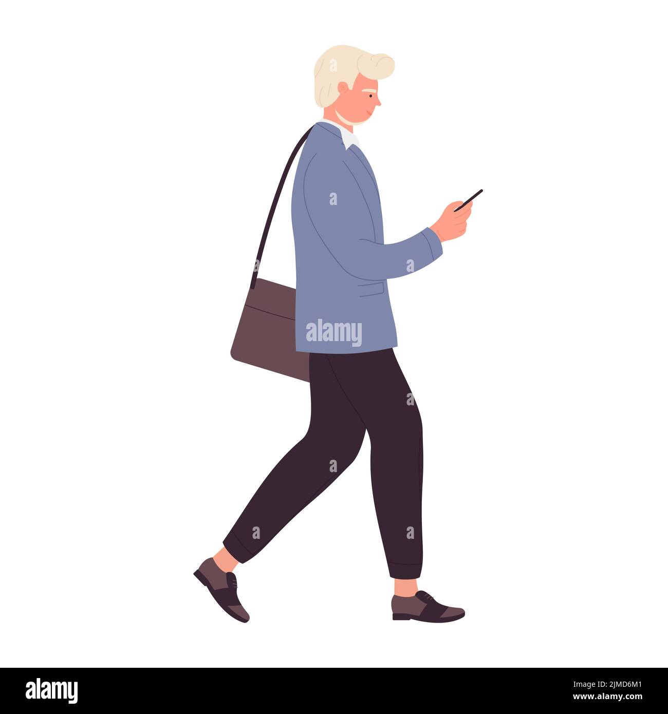 Uomo insegnante che cammina usando il telefono. Il professore di scuola utilizza l'illustrazione vettoriale dello smartphone Illustrazione Vettoriale