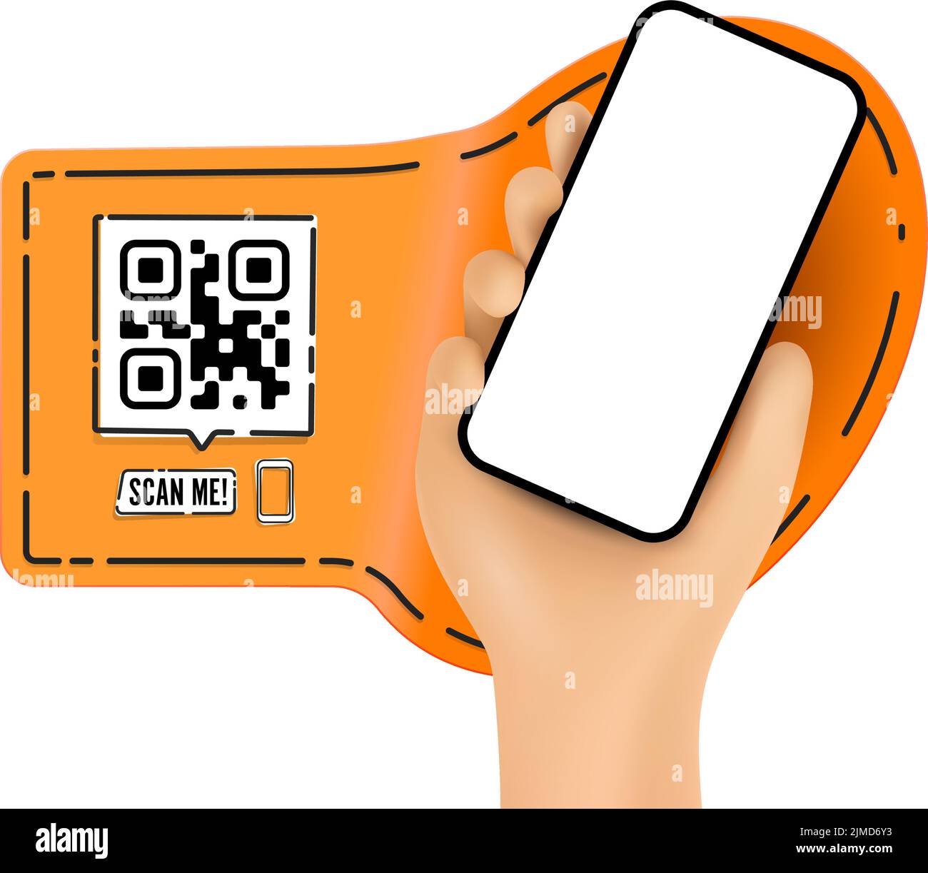 Vector cartoon mano che tiene lo smartphone nero con un codice QR e scannerizza il testo - moderno senza cornice - isolato su sfondo bianco Illustrazione Vettoriale