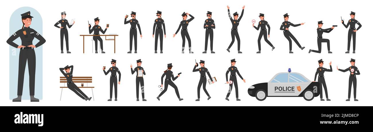 Il personaggio femminile dell'ufficiale di polizia pone un'illustrazione vettoriale. Cartone animato giovane donna in uniforme e cappello in piedi vicino auto, tenendo la pistola e walkie talkie, biglietto di traffico e caffè isolato su bianco Illustrazione Vettoriale Il personaggio femminile dell'ufficiale di polizia pone un'illustrazione vettoriale. Cartone animato giovane donna in uniforme e cappello in piedi vicino auto, tenendo la pistola e walkie talkie, biglietto di traffico e caffè isolato su bianco Illustrazione Vettoriale