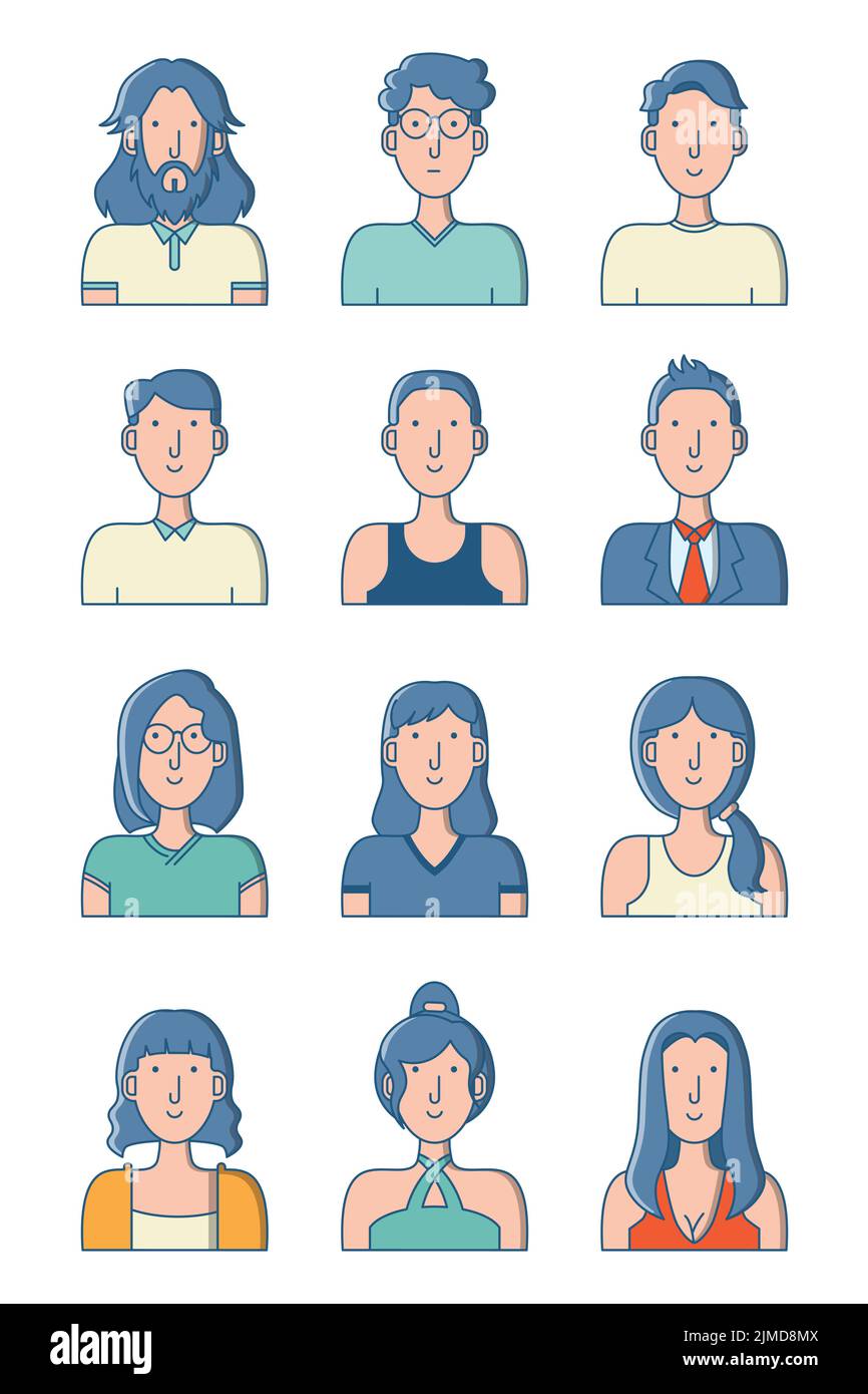 Un insieme di disegni di carattere umano con stili di capelli differenti, vestiti nelle variazioni maschili e femminili Illustrazione Vettoriale