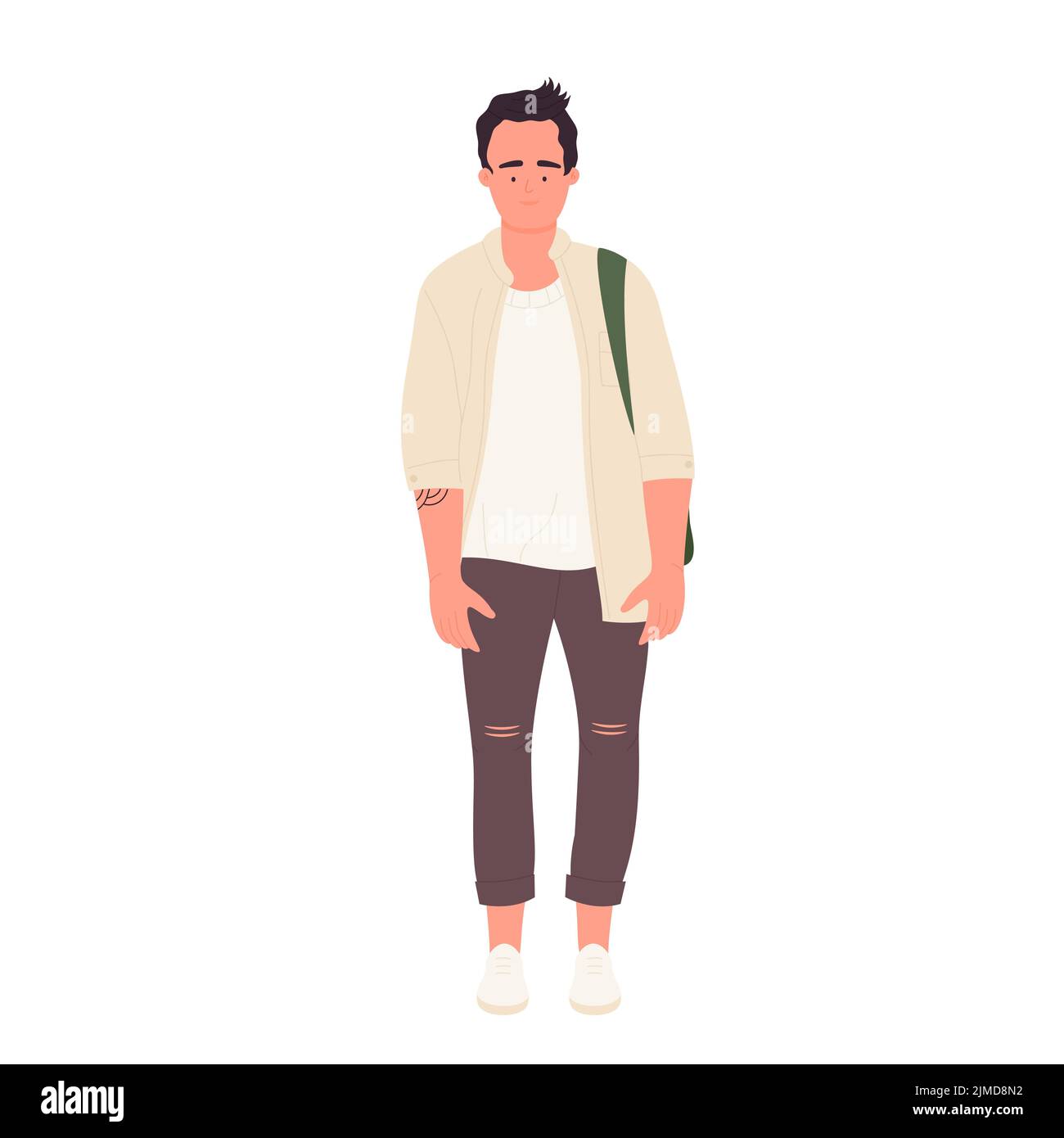 Studente maschio in posizione eretta. Allievo adolescente con illustrazione vettoriale di zaino della scuola Illustrazione Vettoriale
