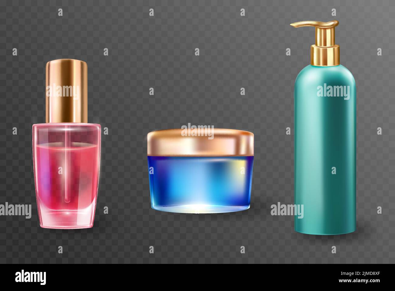 3D bottiglie e contenitori con disegno vettoriale del set di prodotti cosmetici per la cura della pelle. Confezioni realistiche in vetro rosso, blu e verde con tappi dorati, liquido o crema isolati su sfondo trasparente Illustrazione Vettoriale