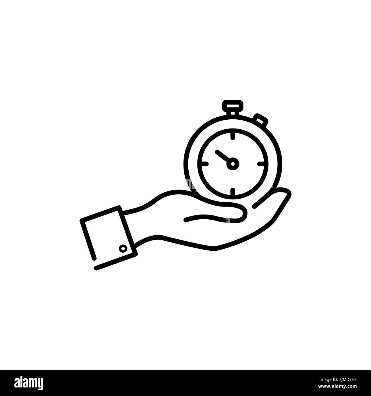 Cronometro in mano, icona nera isolata su sfondo bianco. Disegno vettoriale design piatto. Timer sportivo sulle competizioni. Il formatore tiene il cronometro. S Illustrazione Vettoriale
