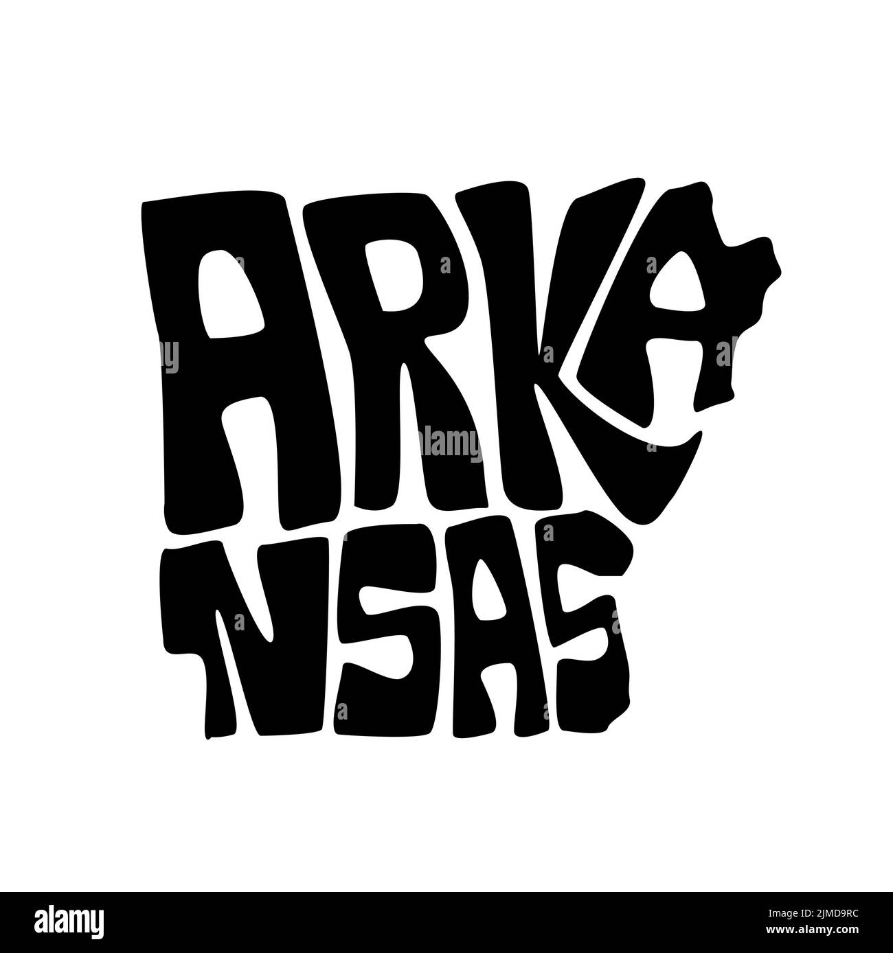 La tipografia della mappa di stato dell'Arkansas in nero su sfondo bianco Illustrazione Vettoriale