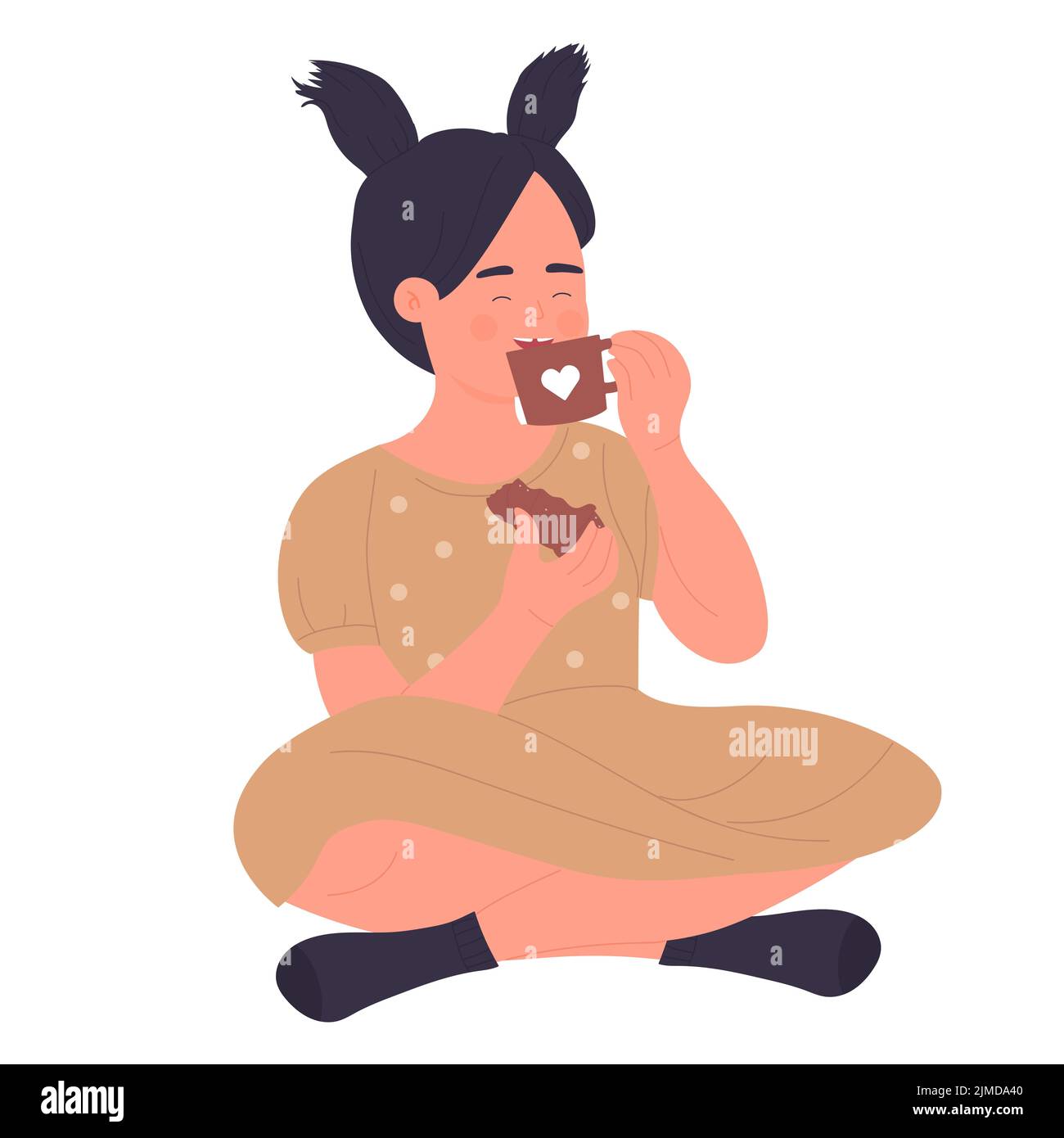 La bambina beve tè con biscotti. Cerimonia della bevanda calda, illustrazione vettoriale della tazza della bevanda calda Illustrazione Vettoriale