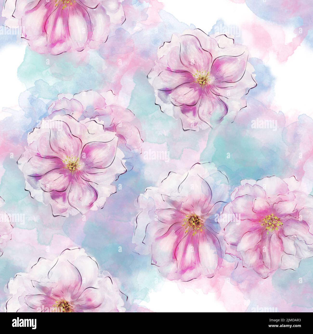 Design floreale senza cuciture con fiori rosa per sfondo, motivo infinito. Illustrazione Watercolor. Foto Stock