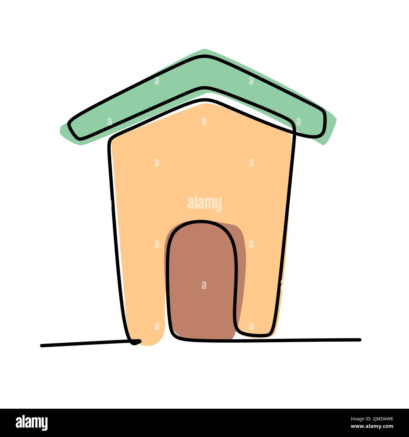 Semplice disegno a linea singola di un cane e di un canile . Concetto di animale per un amico a quattro zampe. Grafica vettoriale moderna a disegno continuo a una linea Illustrazione Vettoriale