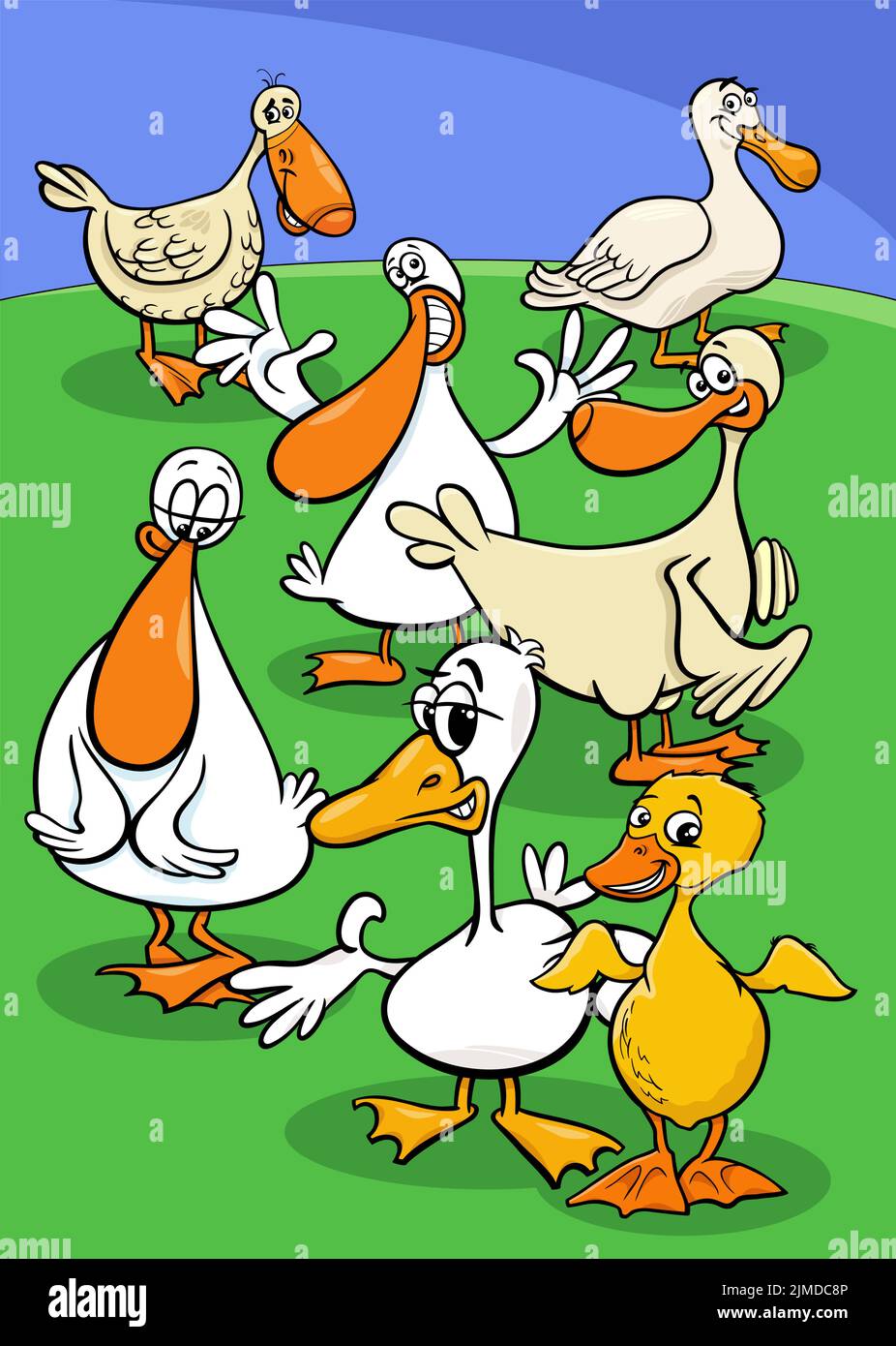 Cartoon illustrazione di anatre fattoria uccelli animali gruppo in campagna Illustrazione Vettoriale