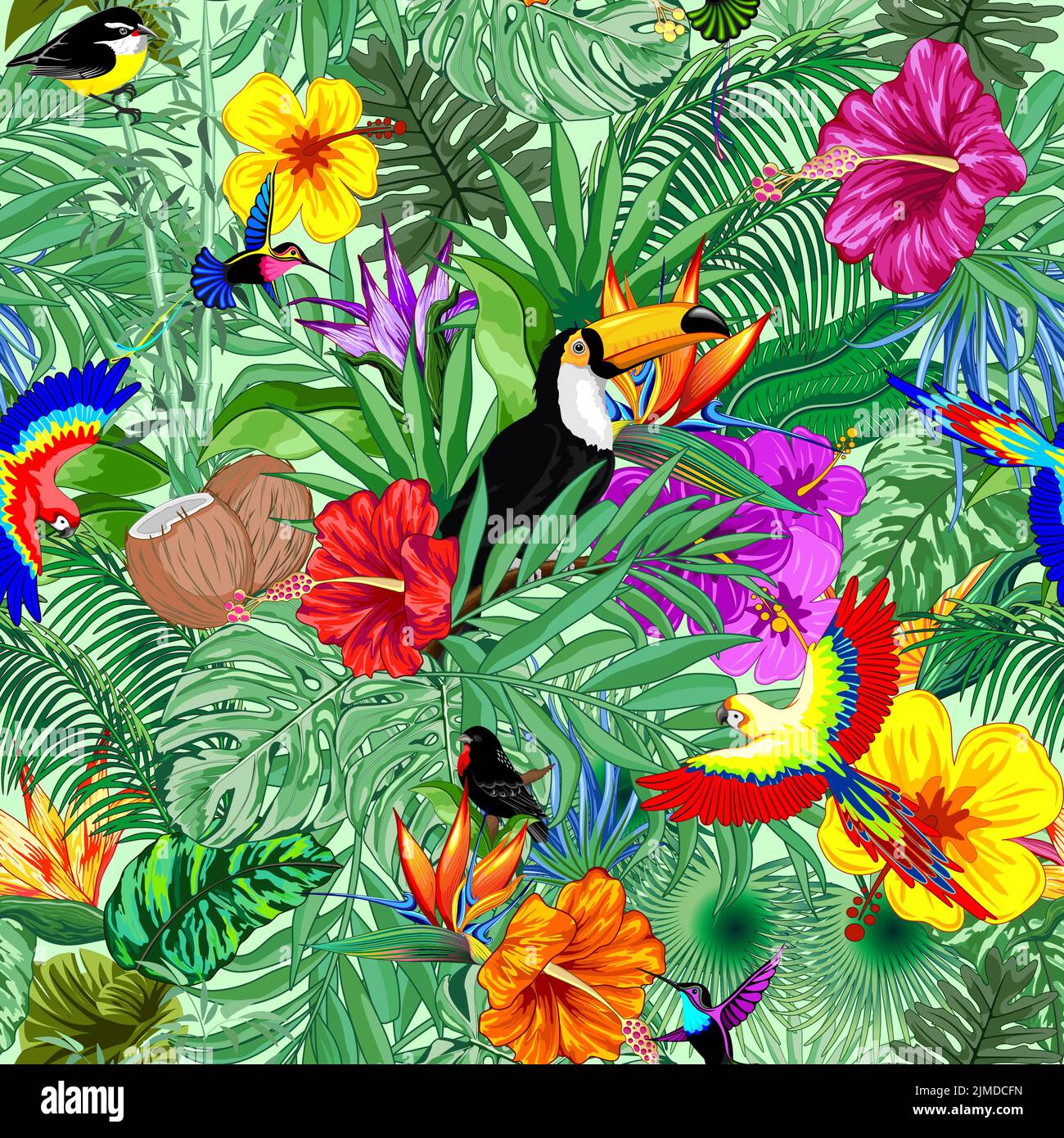 Un disegno vettoriale di uccelli esotici e fiori su uno sfondo floreale Illustrazione Vettoriale