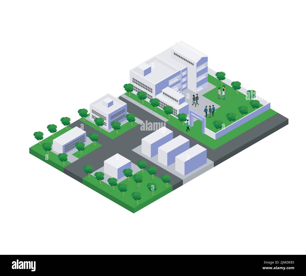 Un'illustrazione digitale pixelata di un campus universitario con alberi vicino ad edifici residenziali Illustrazione Vettoriale