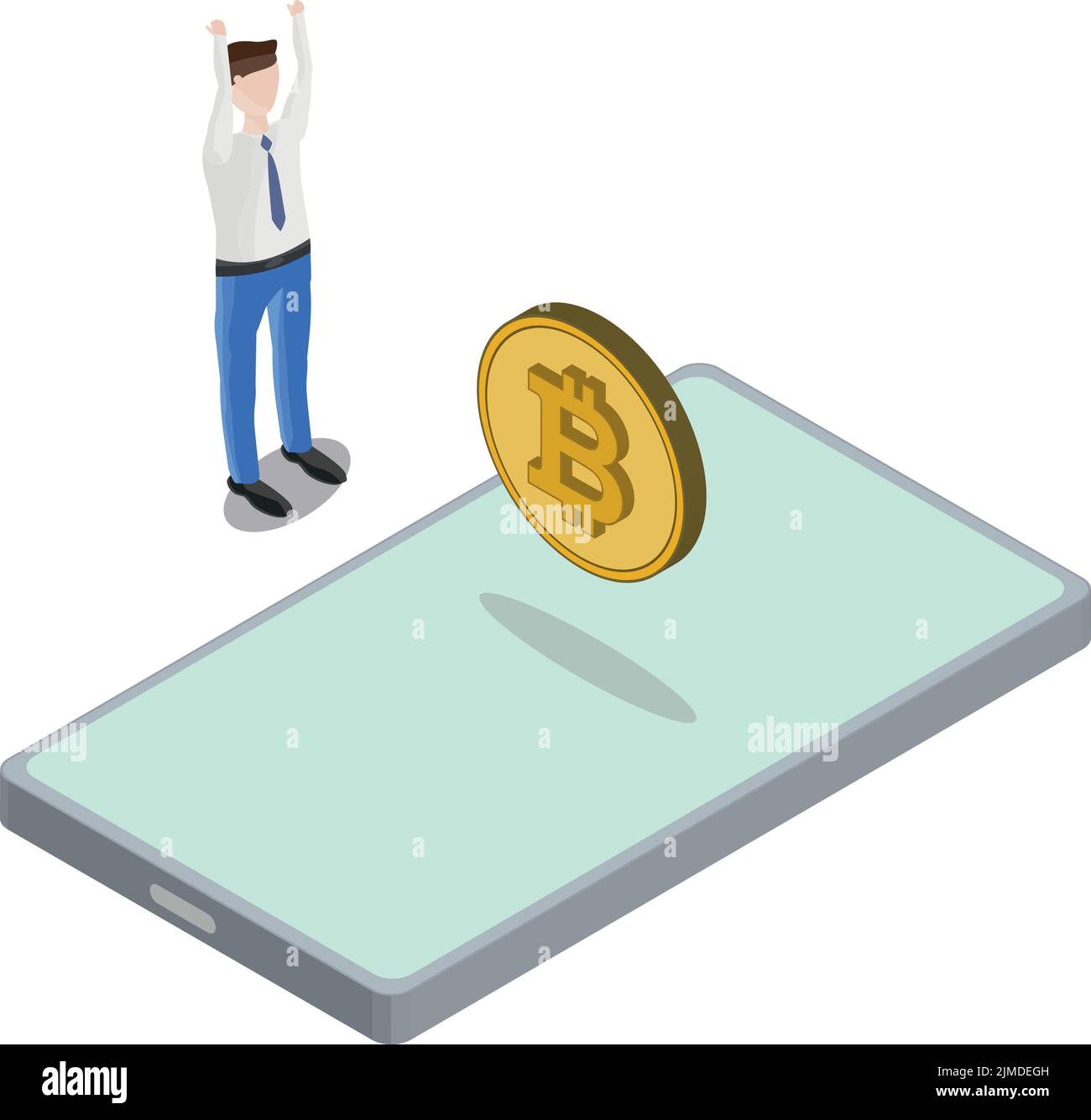 Vista isometrica di Phone Bitcoin Floating Man Hands in Air Illustrazione Vettoriale