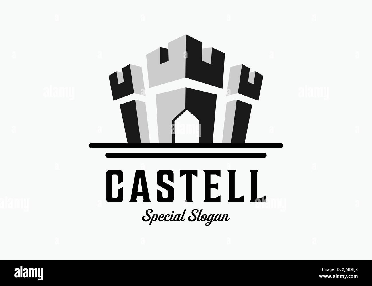 Una semplice illustrazione di un'idea del logo del castello in due modi diversi: Bianco e nero. Illustrazione Vettoriale
