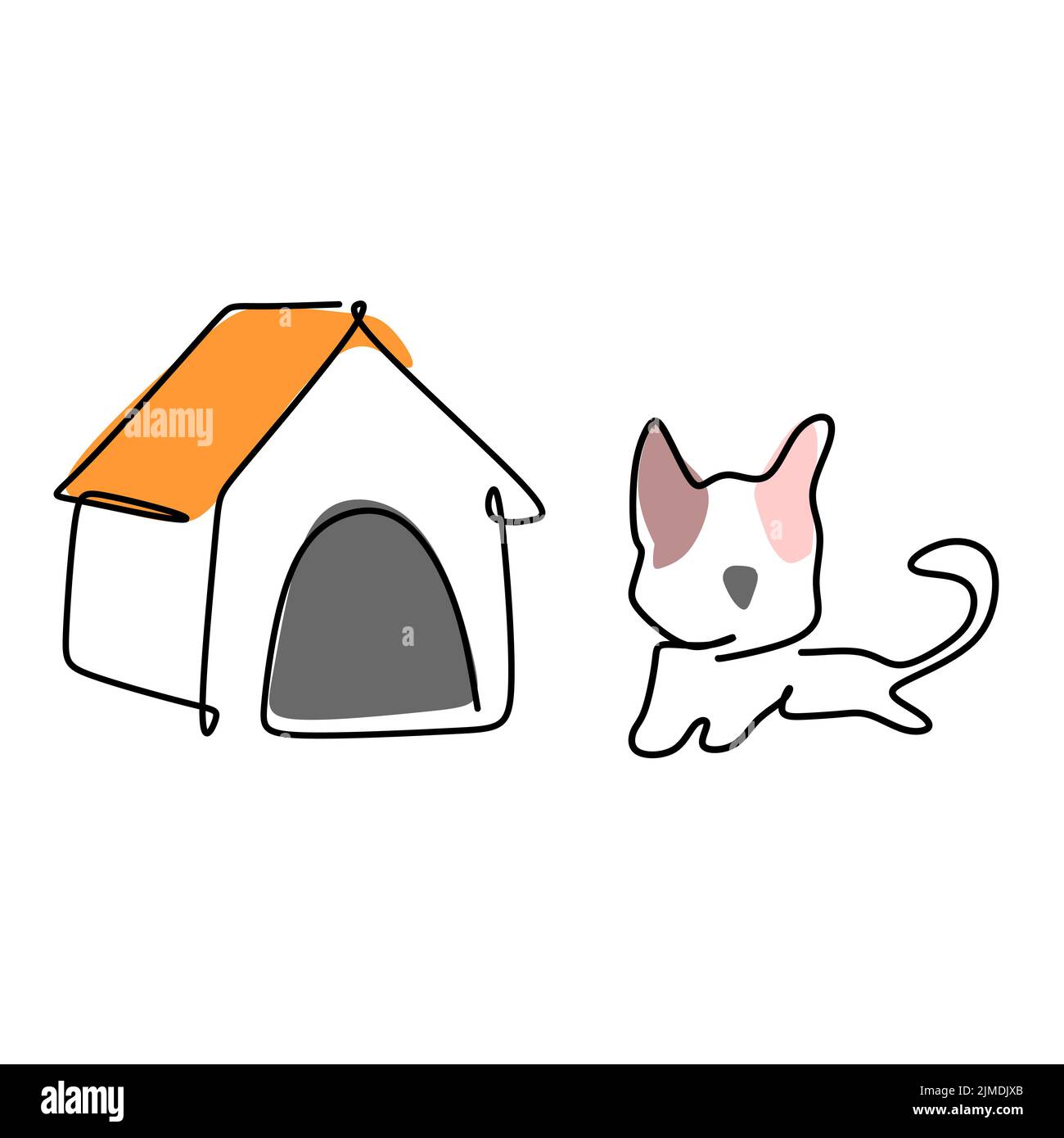 Semplice disegno a linea singola di un cane accanto al canile. Design per l'identità del logo aziendale. Cute cane mascotte concept design per animale domestico amichevole icona. Con moderno Illustrazione Vettoriale
