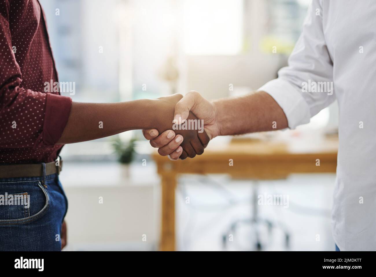 Stretta di mano, accordo e riunione di uomini d'affari in ufficio dopo un buon affare. Primo piano di diversi dipendenti aziendali saluto sul luogo di lavoro Foto Stock