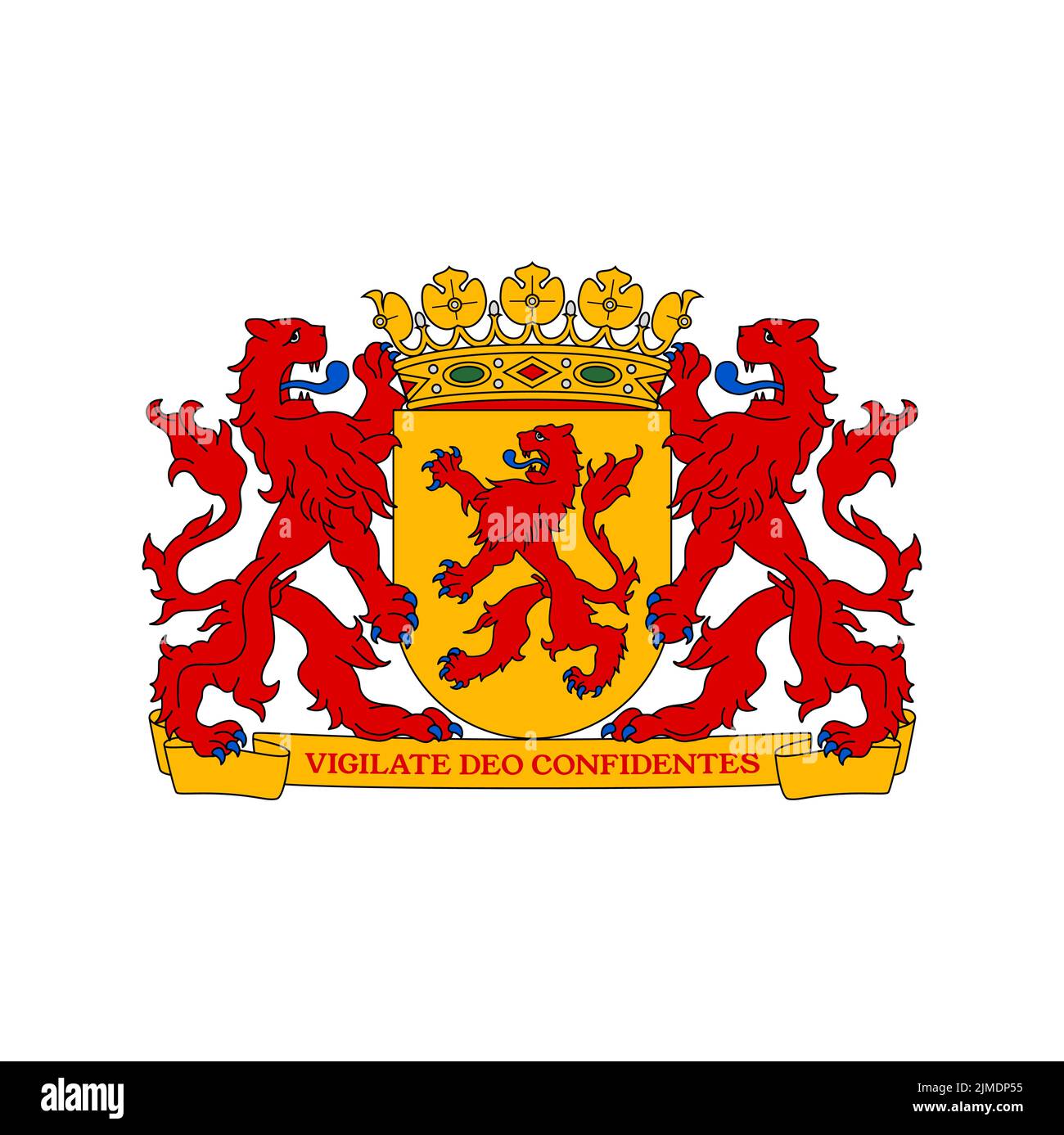 Stemma olandese, araldica provinciale dell'Olanda meridionale, emblema araldico vettoriale. Paesi Bassi simbolo della bandiera di stato olandese o stemma con leoni, scudo e cresta della corona, emblema dell'aralderia e motto Illustrazione Vettoriale