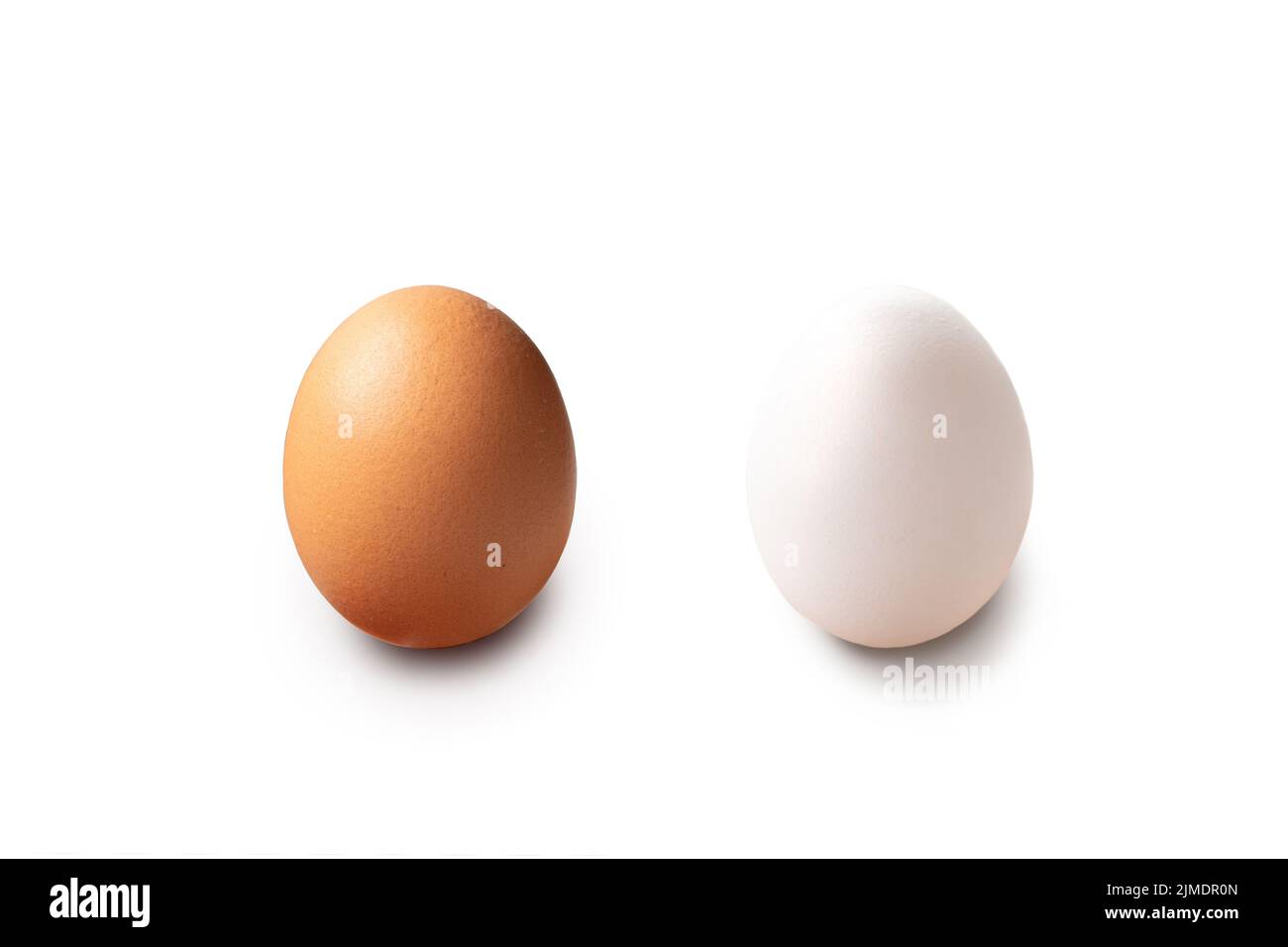 Due uova marrone e bianco. Pollo e anatra isolato su sfondo bianco Foto Stock