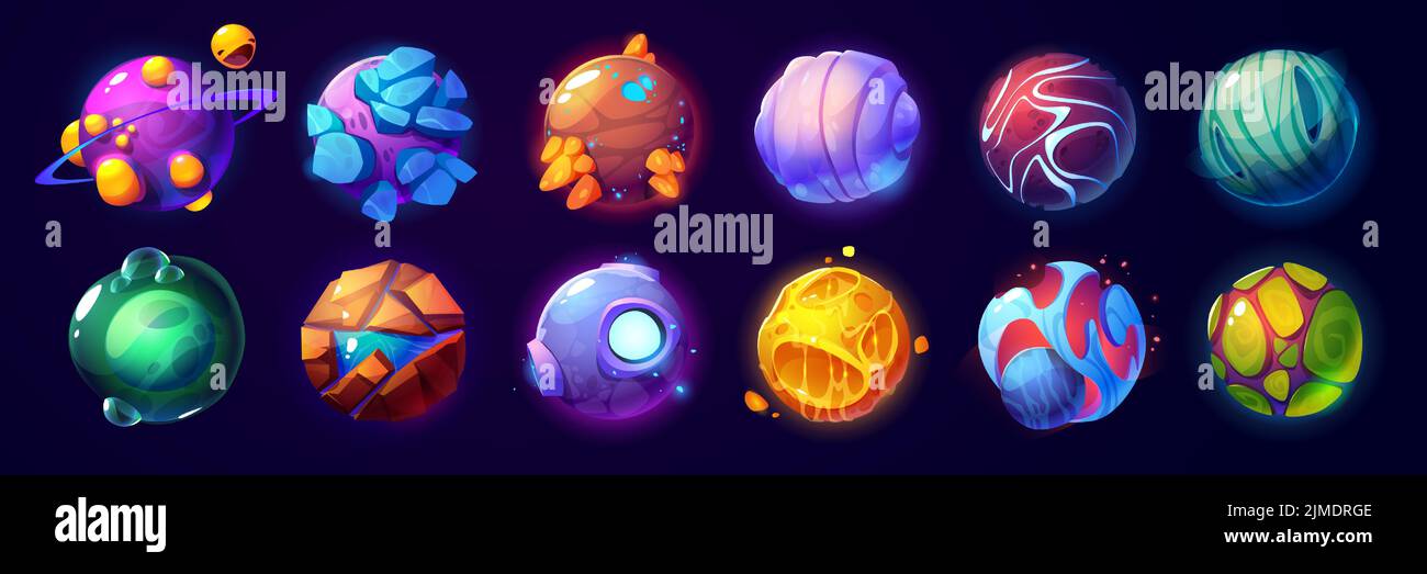 Set di cartoni animati colorati dei pianeti alieni. Illustrazione vettoriale creativa di oggetti cosmici fantastici con rocce, crateri, crepe. Divertente raccolta di simboli di livello di gioco spazio che si illuminano isolato sullo sfondo Illustrazione Vettoriale