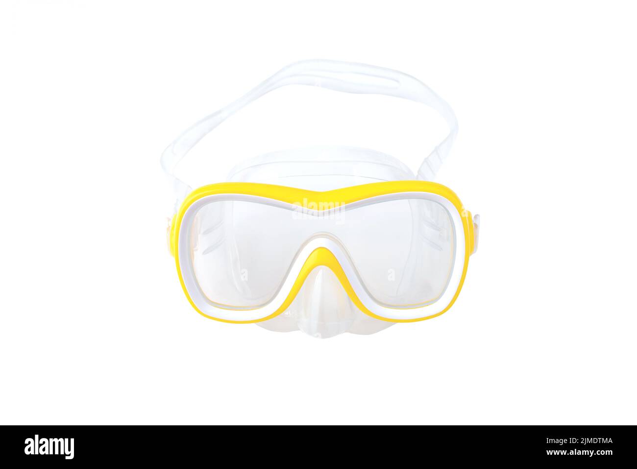 Foto piatta di maschera subacquea gialla isolata su sfondo bianco Foto Stock