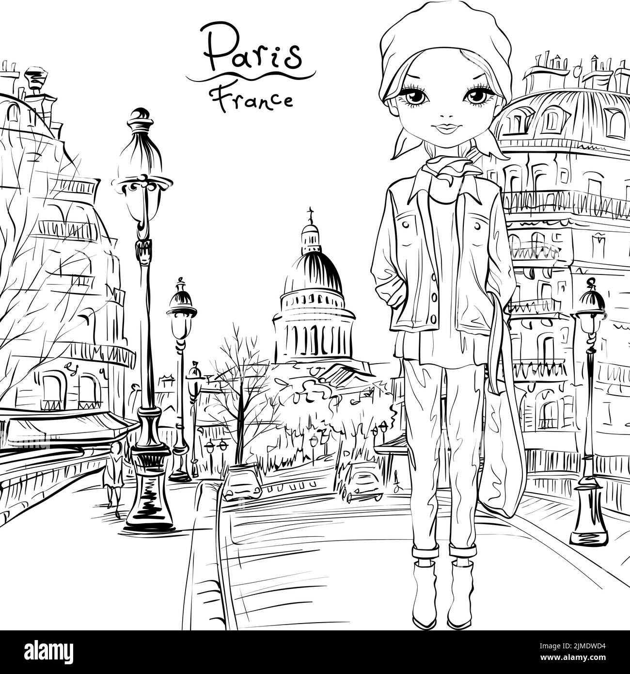 Ragazza carina vettoriale in abiti autunnali, foulard e stivali, giacca e jeans a Parigi, Francia. Illustrazione in bianco e nero per libro da colorare. Illustrazione Vettoriale