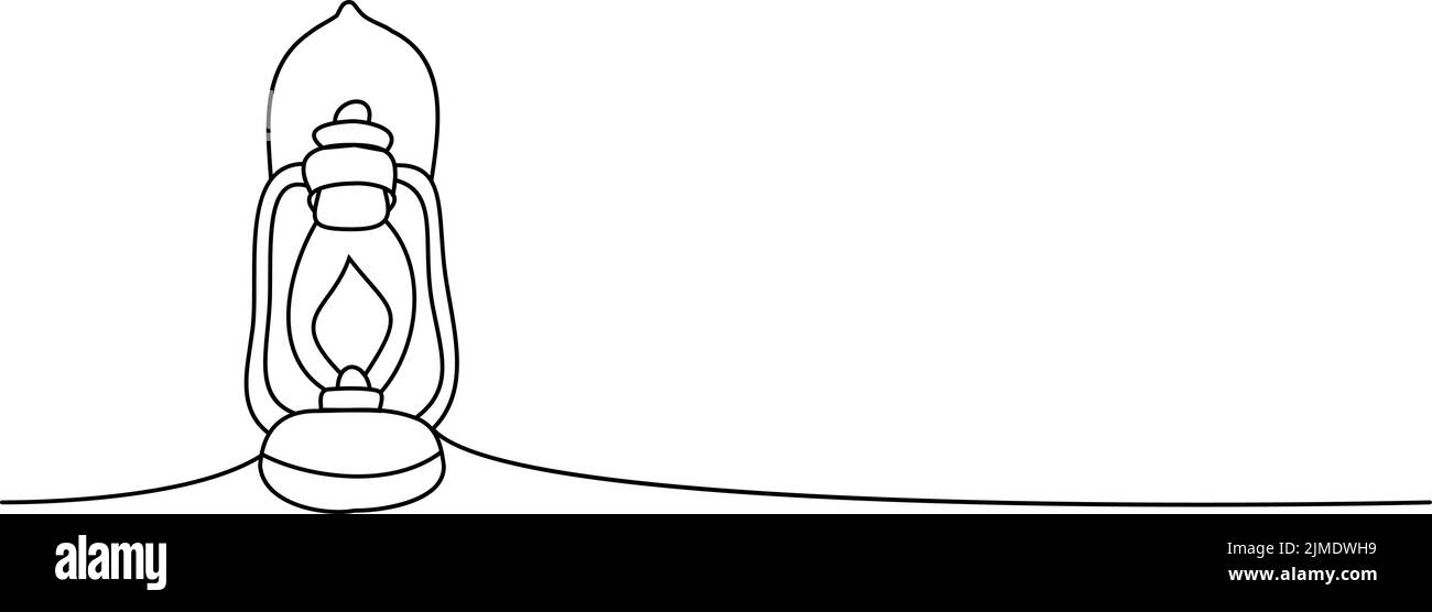 Camp LAMP disegno continuo a una linea. Vecchia lanterna ad olio illustrazione continua di una linea. Illustrazione lineare vettoriale minimalista Illustrazione Vettoriale