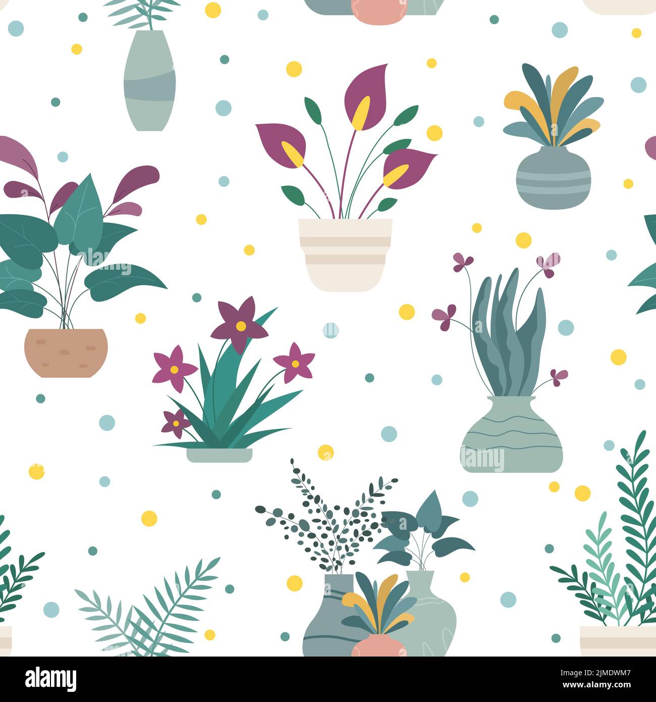 Modello senza giunture carino con piante della casa in pentole. Illustrazione vettoriale disegnata a mano. Motivo floreale senza cuciture. Illustrazione Vettoriale