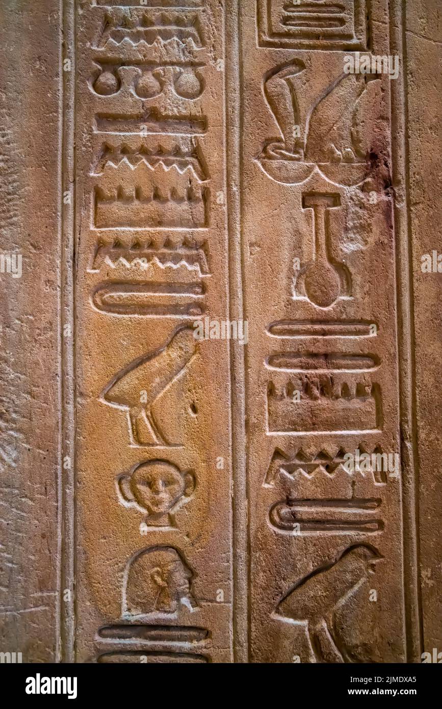 Antico Egitto geroglifici scolpiti sulla pietra Foto Stock