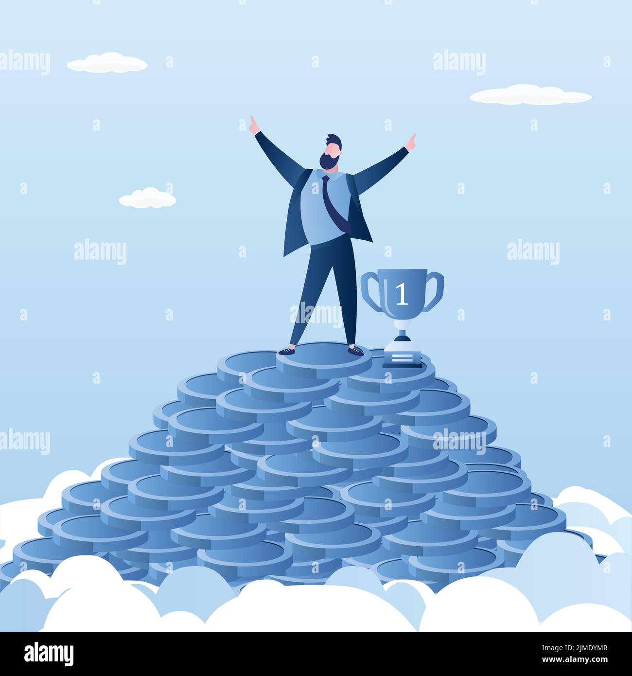 Enorme mucchio di monete e successo uomo d'affari felice con il premio del vincitore in cima. Background di concetto di successo o di profitto. Bel personaggio maschile alla moda Illustrazione Vettoriale