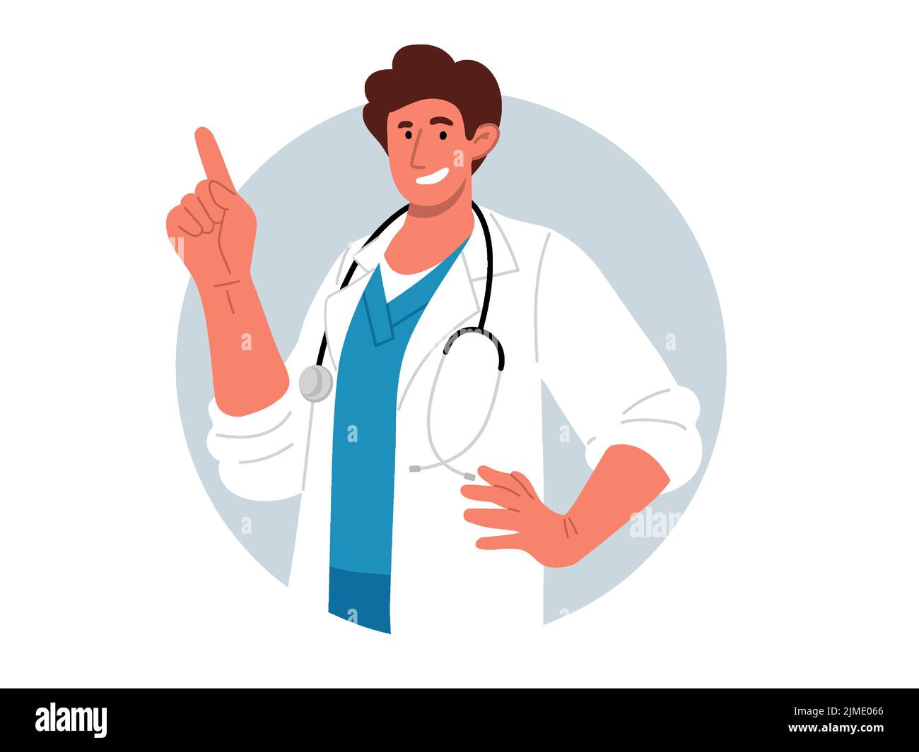 Medico sorridente con stetoscopio che punta con Finger.Vector flat Illustrazione Vettoriale