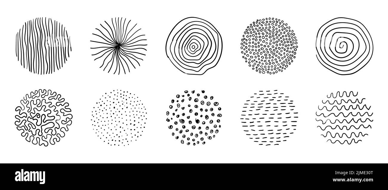 Cerchio doble texture disegnate a mano. Scribble artistiche astratte vettoriali. Motivi punteggiati e striati minimi Illustrazione Vettoriale