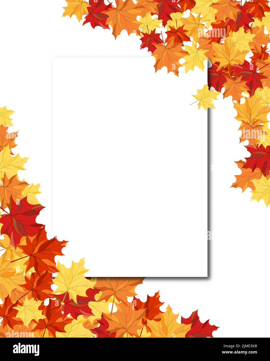Cornice autunnale con foglio vuoto di carta e foglie di acero sopra e sotto di esso. Su sfondo bianco. Design elegante con spazio di testo e bilanciamento ideale Illustrazione Vettoriale