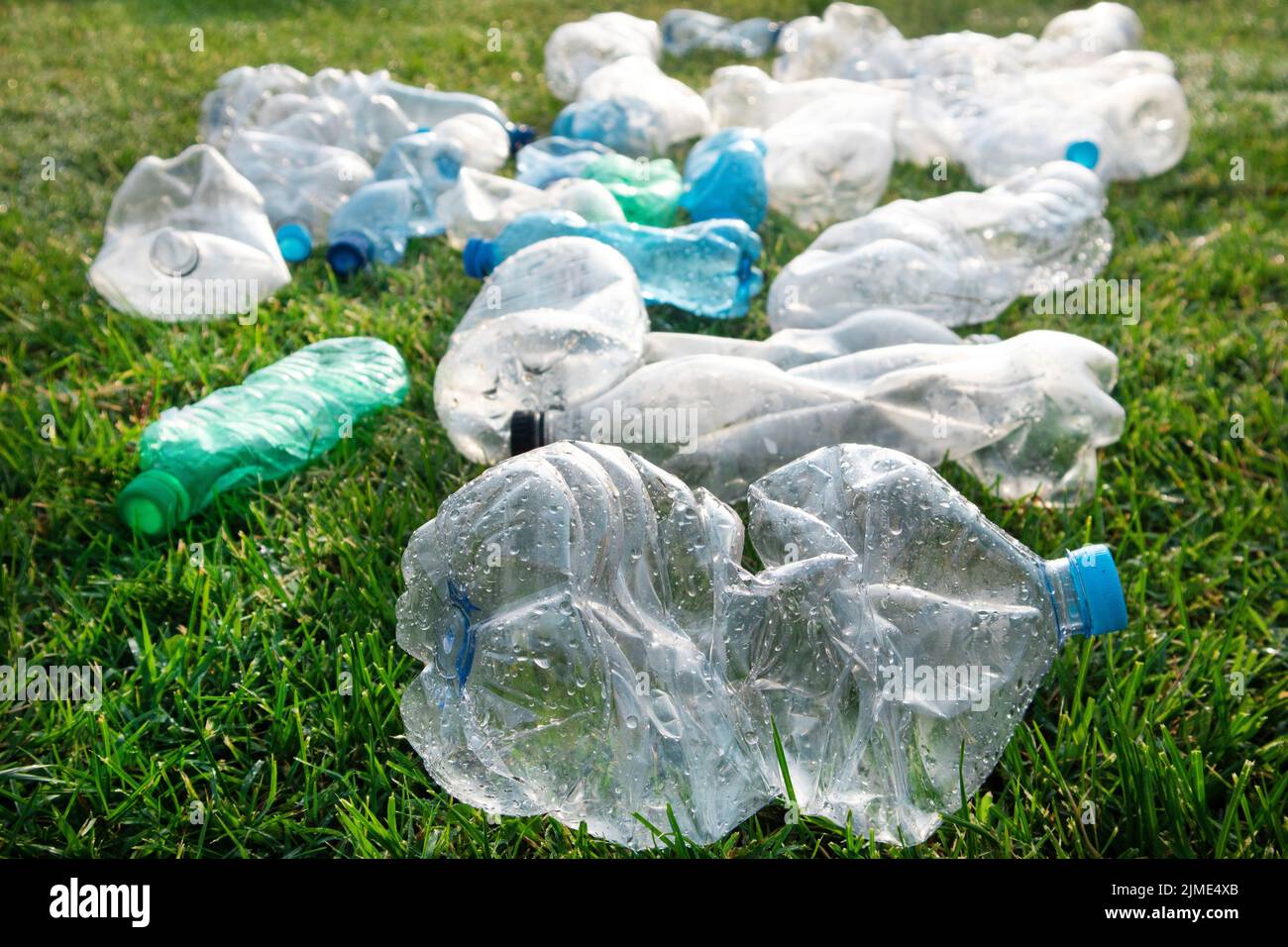 Bottiglie di plastica usate abbandonate in un prato Foto Stock