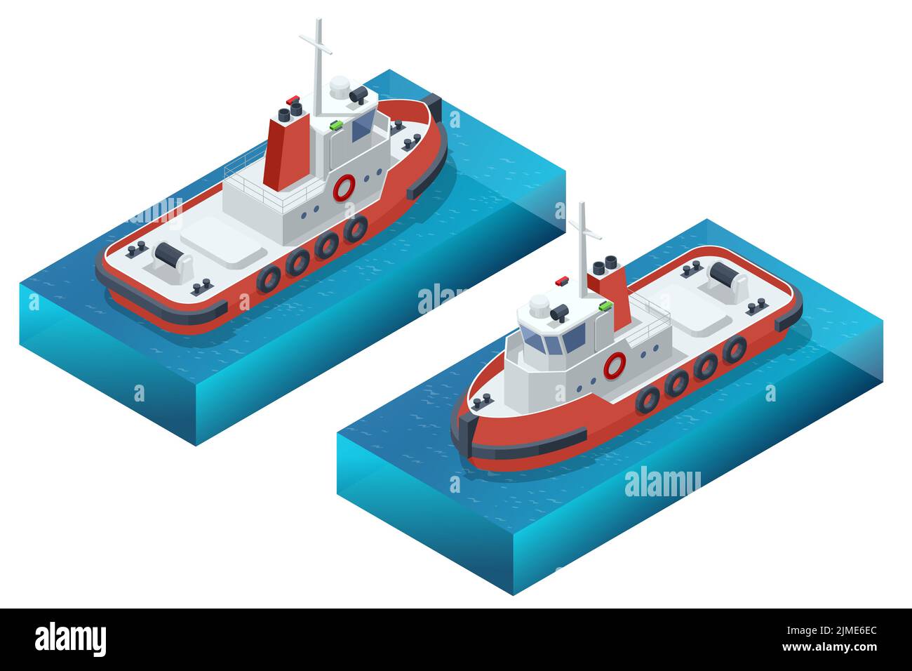 Tugboat isometrico. Un rimorchiatore o rimorchiatore è una nave marina che manovra altre navi spingendole o tirandole, a contatto diretto o con una linea di traino. Illustrazione Vettoriale