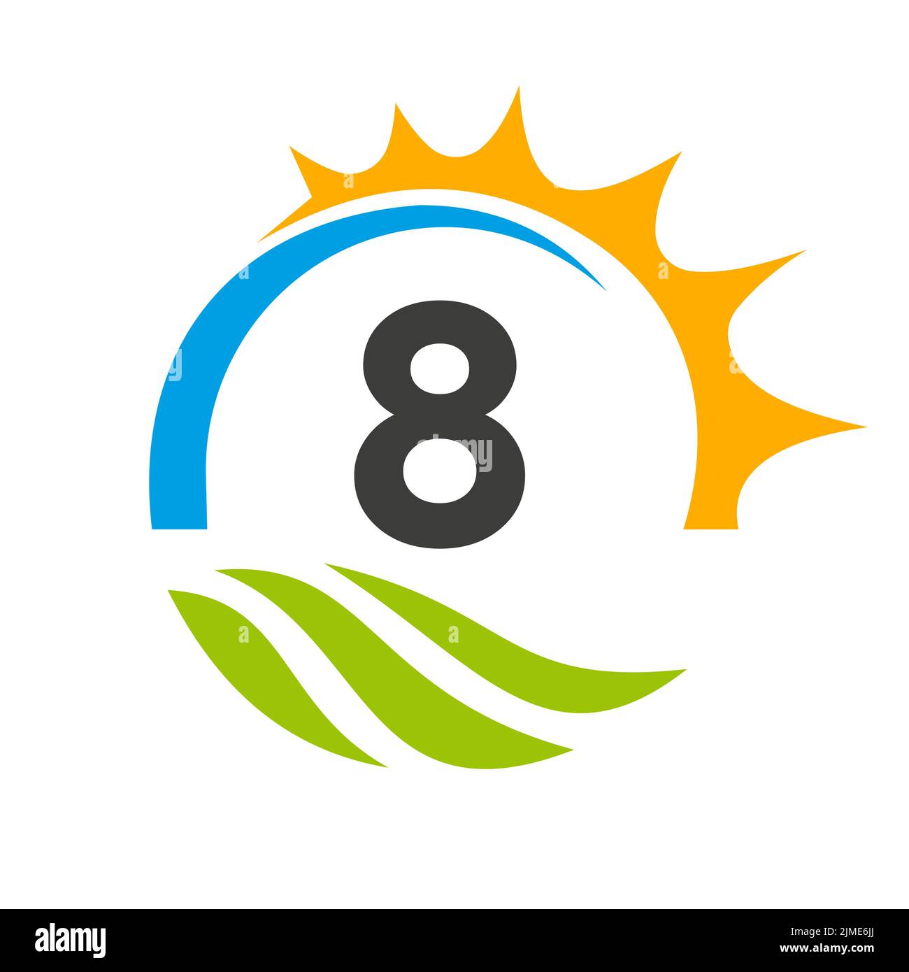 Modello vettoriale per il logo di Letter 8 Agriculture. Logo Agriculture con Green Field e Bright Sun Element Illustrazione Vettoriale