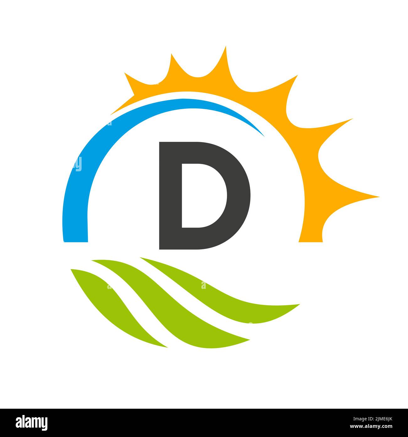 Modello vettoriale per il logo di Letter D Agriculture. Logo Agriculture con Green Field e Bright Sun Element Illustrazione Vettoriale