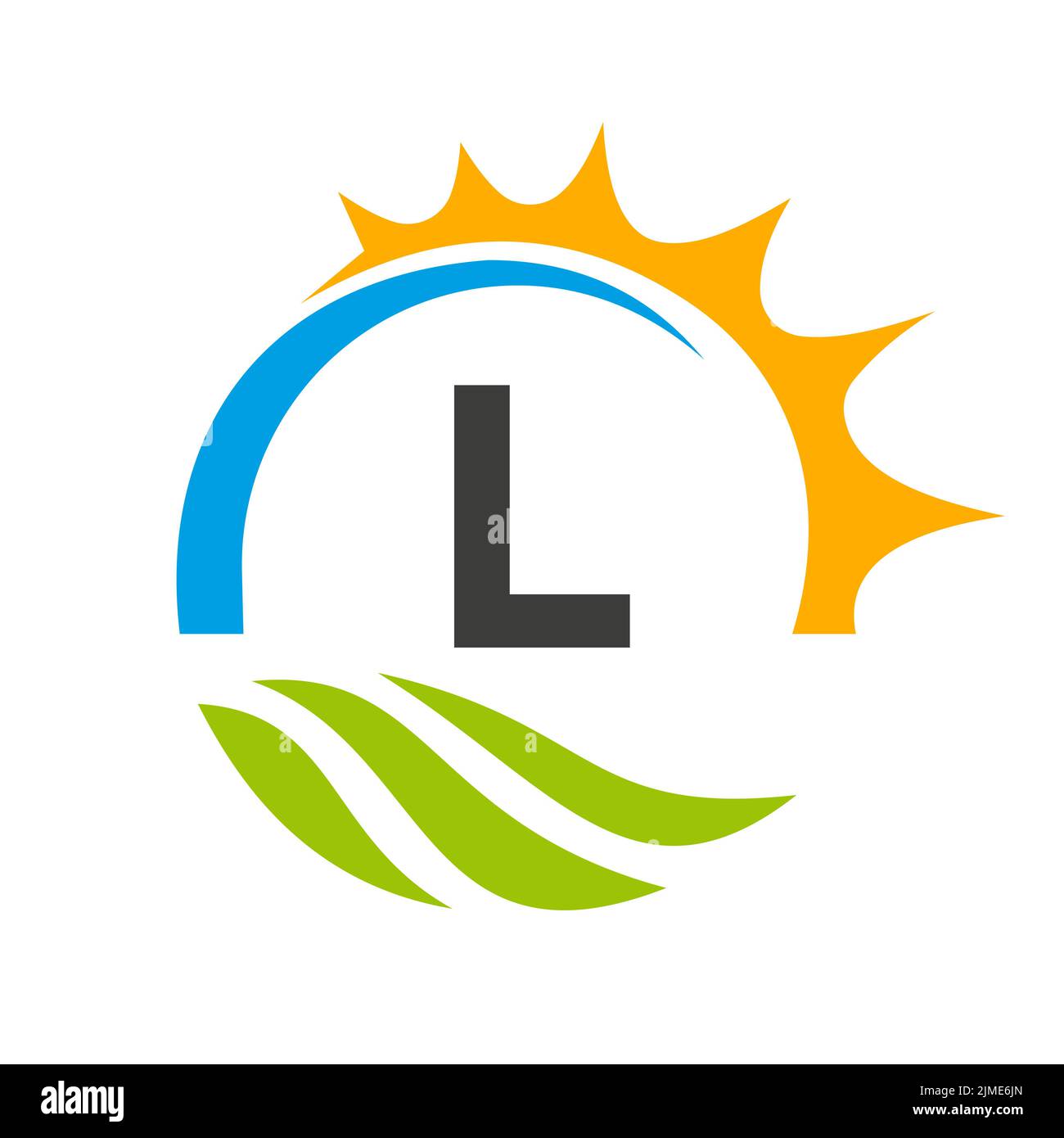 Modello vettoriale con logo di Letter L Agriculture. Logo Agriculture con Green Field e Bright Sun Element Illustrazione Vettoriale