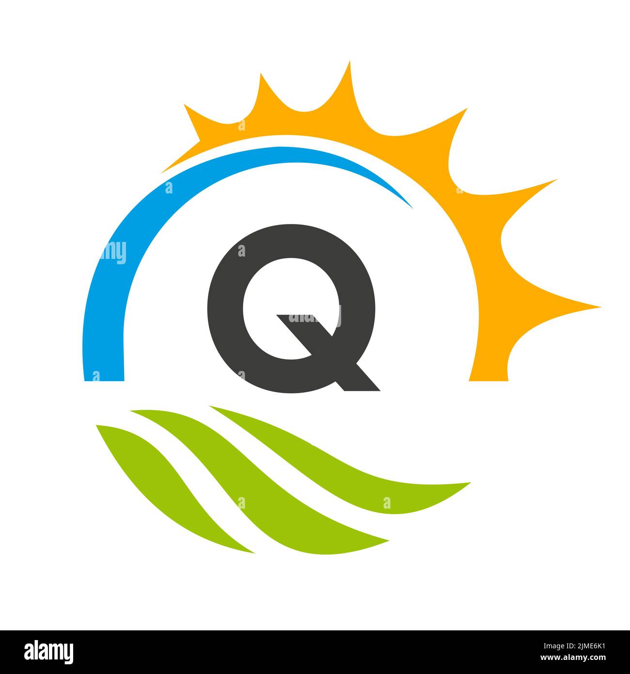 Modello vettoriale per il logo di Letter Q Agriculture. Logo Agriculture con Green Field e Bright Sun Element Illustrazione Vettoriale