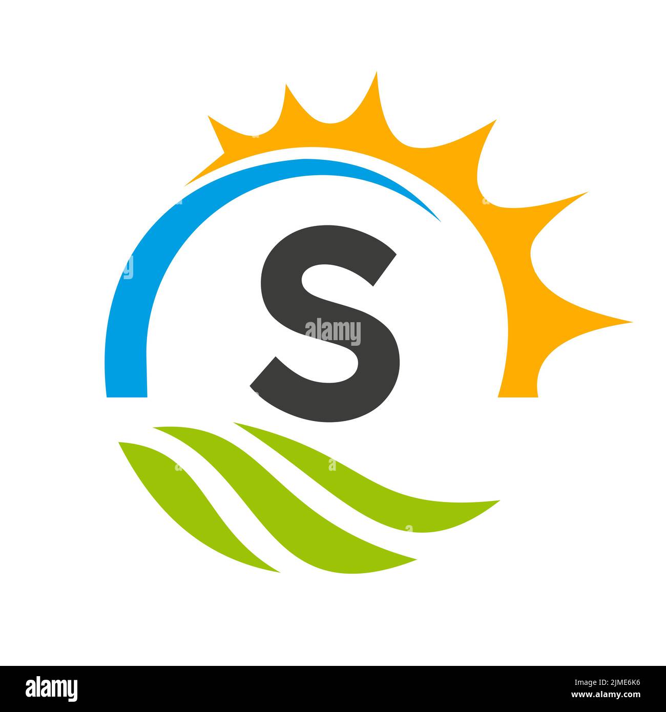 Modello vettoriale per il logo di Letter S Agriculture. Logo Agriculture con Green Field e Bright Sun Element Illustrazione Vettoriale