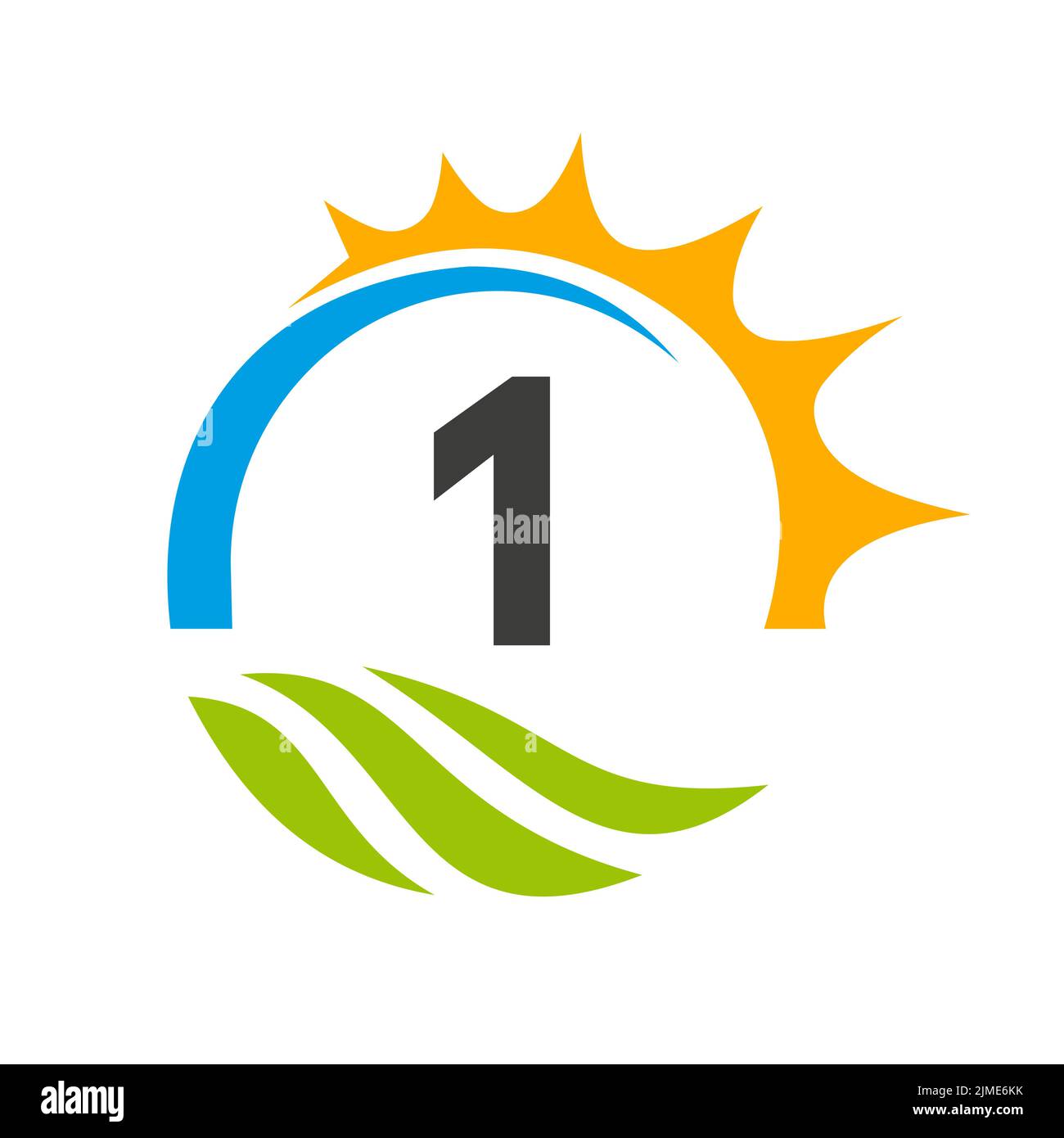 Modello vettoriale per il logo di Letter 1 Agriculture. Logo Agriculture con Green Field e Bright Sun Element Illustrazione Vettoriale