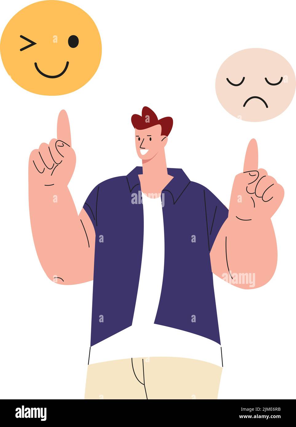 Scegli emozioni positive ogni giorno. L'uomo felice punta sulle emoticon, facce tristi e divertenti. Scegli la felicità e la gioia, vettore adulto carattere maschile Illustrazione Vettoriale