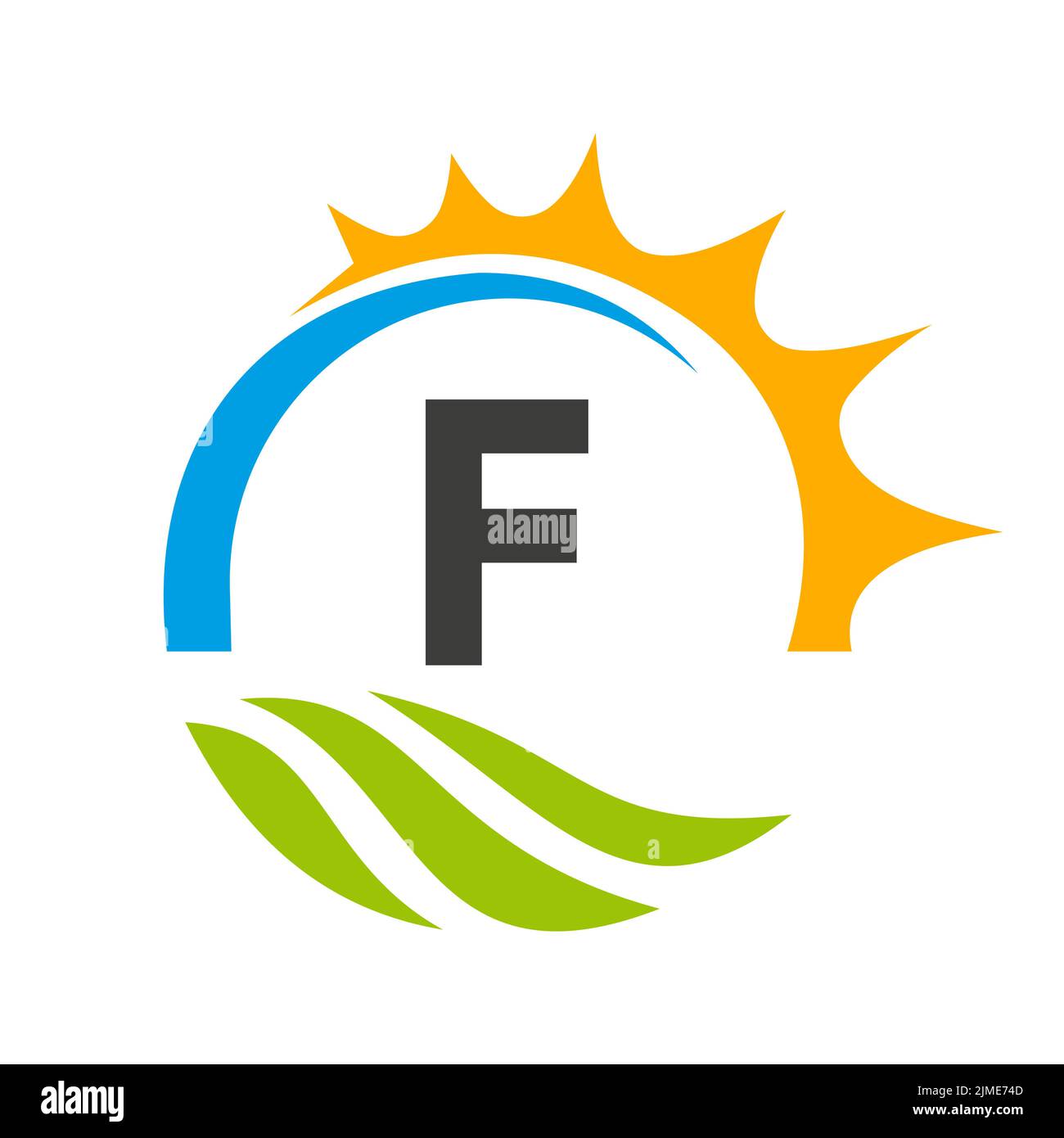 Modello vettoriale del logo della lettera F Agriculture. Logo Agriculture con Green Field e Bright Sun Element Illustrazione Vettoriale