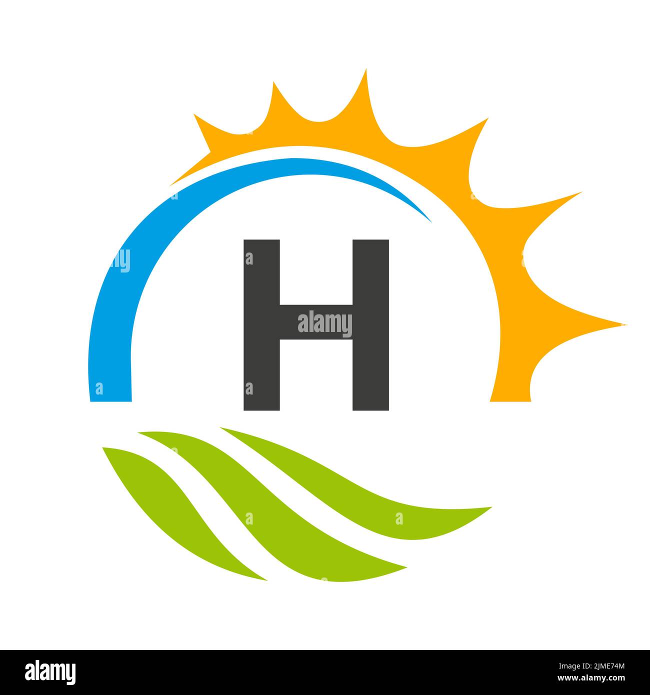Modello vettoriale per il logo di Letter H Agriculture. Logo Agriculture con Green Field e Bright Sun Element Illustrazione Vettoriale