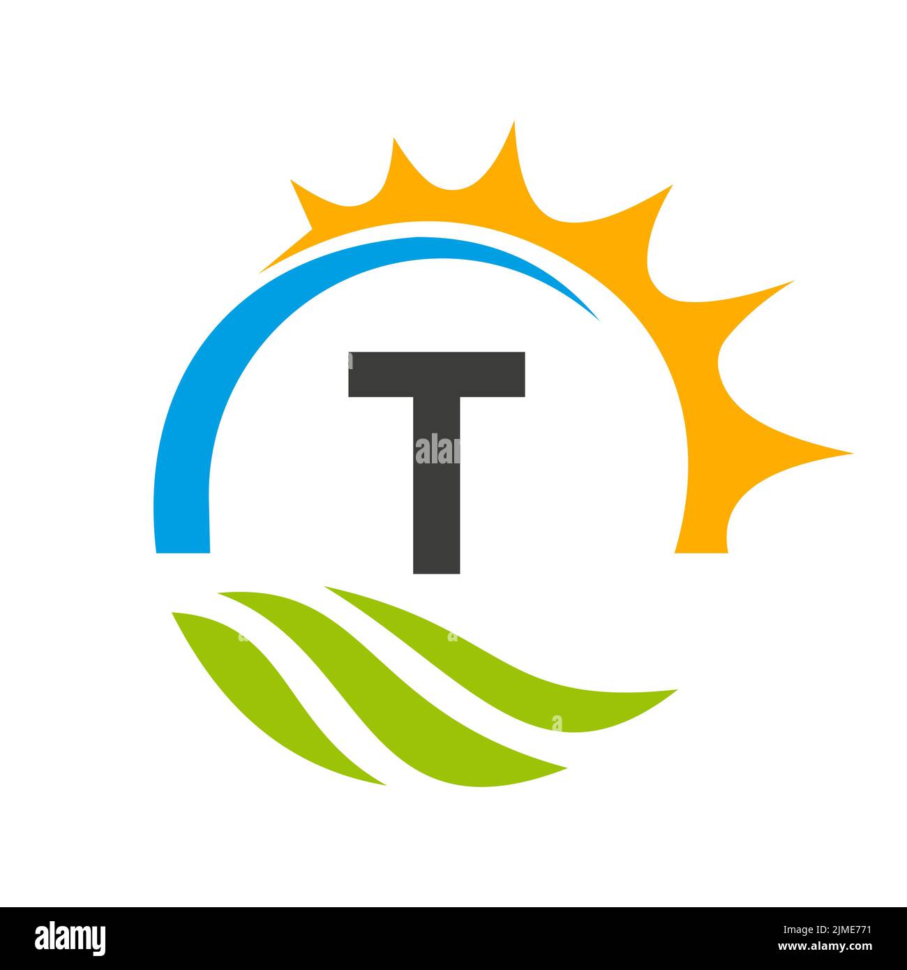 Modello vettoriale per il logo di Letter T Agriculture. Logo Agriculture con Green Field e Bright Sun Element Illustrazione Vettoriale